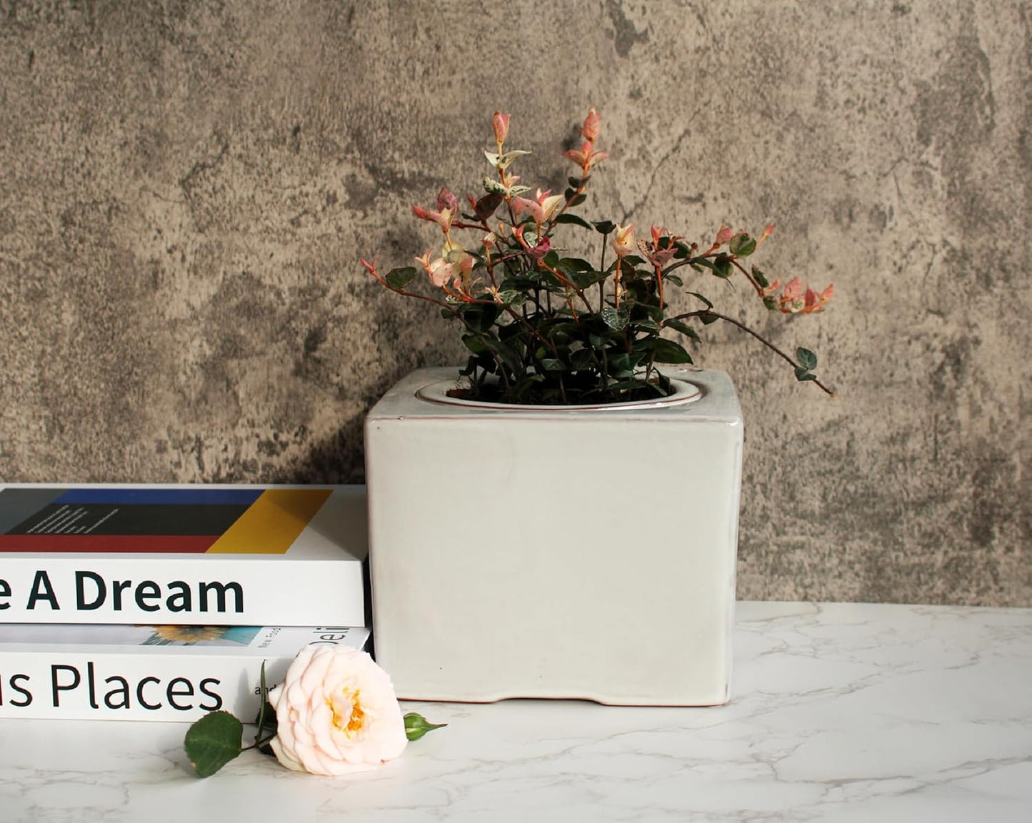 2-Pack Ceramic African Violet Self Watering Pot 6 Inch Square Pot 3.5 Inch Innter Pot Easy Fill Water Reservoir White