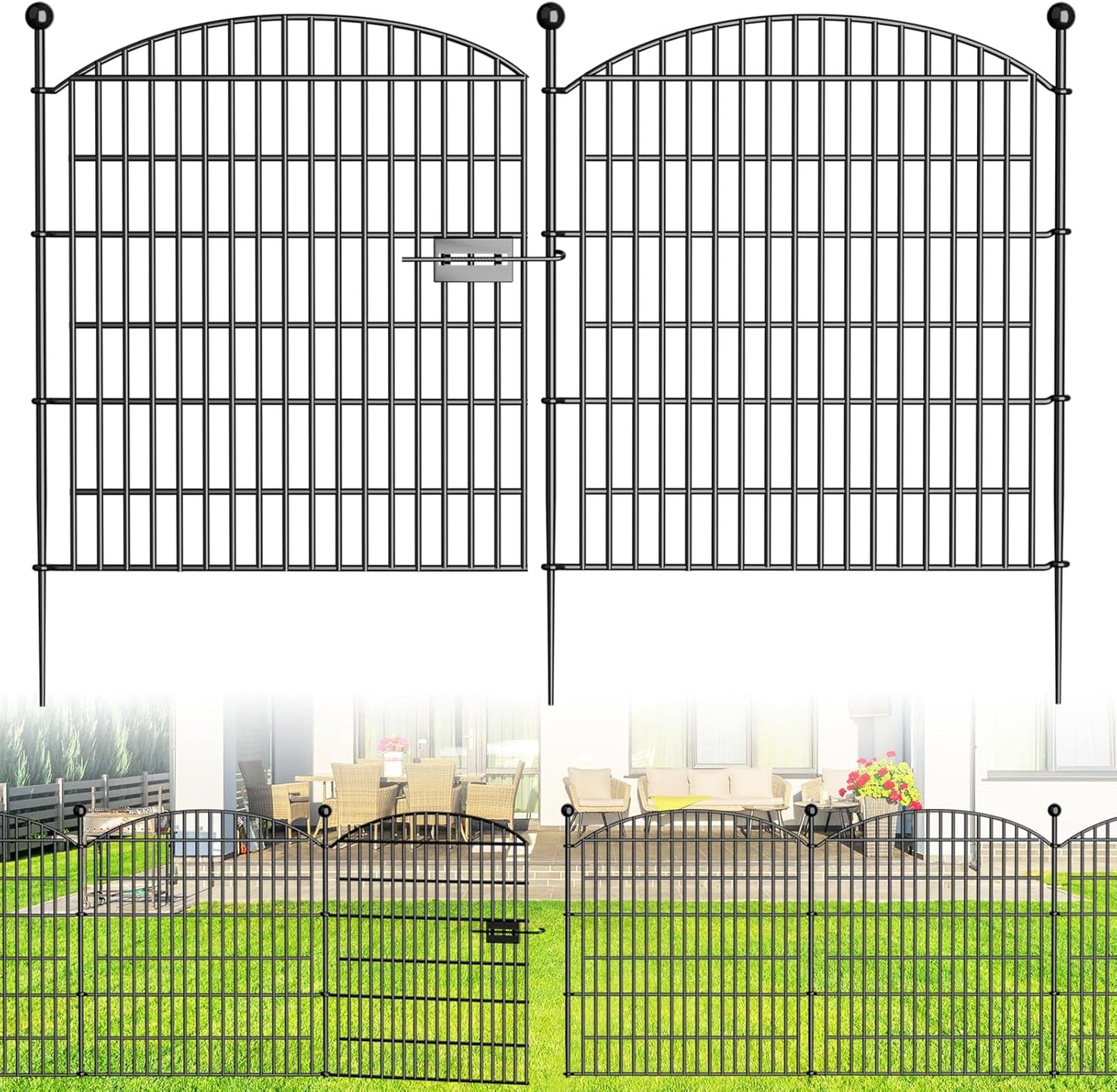 Decorative Garden Fence with Gate, 5 Panels - 32 in (H) x 11.8 ft (L) No Dig Dog Fence Outdoor for Yard, Rustproof Tall Garden Fencecing Panels, Animal Barrier Suitable for Yard Border, Patio