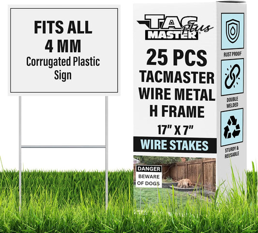 Tacmaster Wire Metal Yard and Sign H Stakes – Durable Blank Lawn Sign Posts for 4mm Corrugated Panels, Real Estate Signs, Waterproof and Wind Resistant, Ideal for Outdoor Use, 17"x7" – 25 Pack