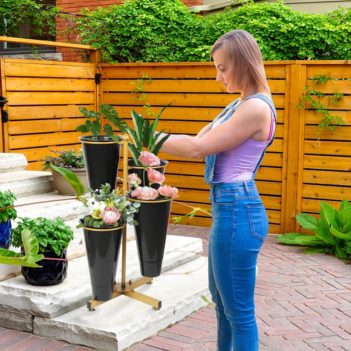 Flower Display Stand with 4 Bucket,Floral Stand with Foldable Frame for Silk Fresh Flowers,4 Tier Florist Shelf Plant Cart for flower shop Garden Living Room,Easy to Install (Gold Shelf+ Black Bucket)
