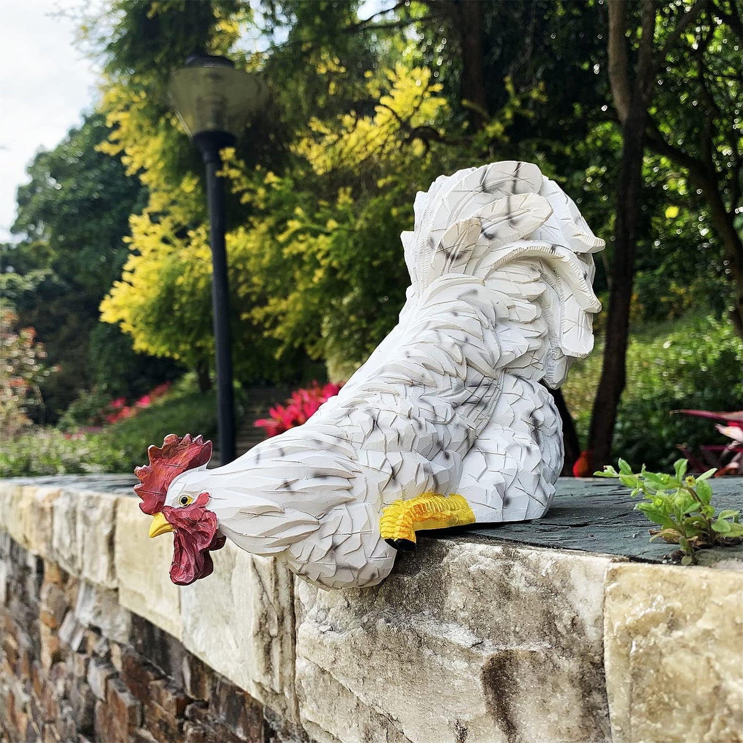 Garden Statues Cock Art Decoration Rooster Figurine Waterproof Chicken Sculpture Ornaments for Garden Yard Pathway Fence Porch Lawn (White)