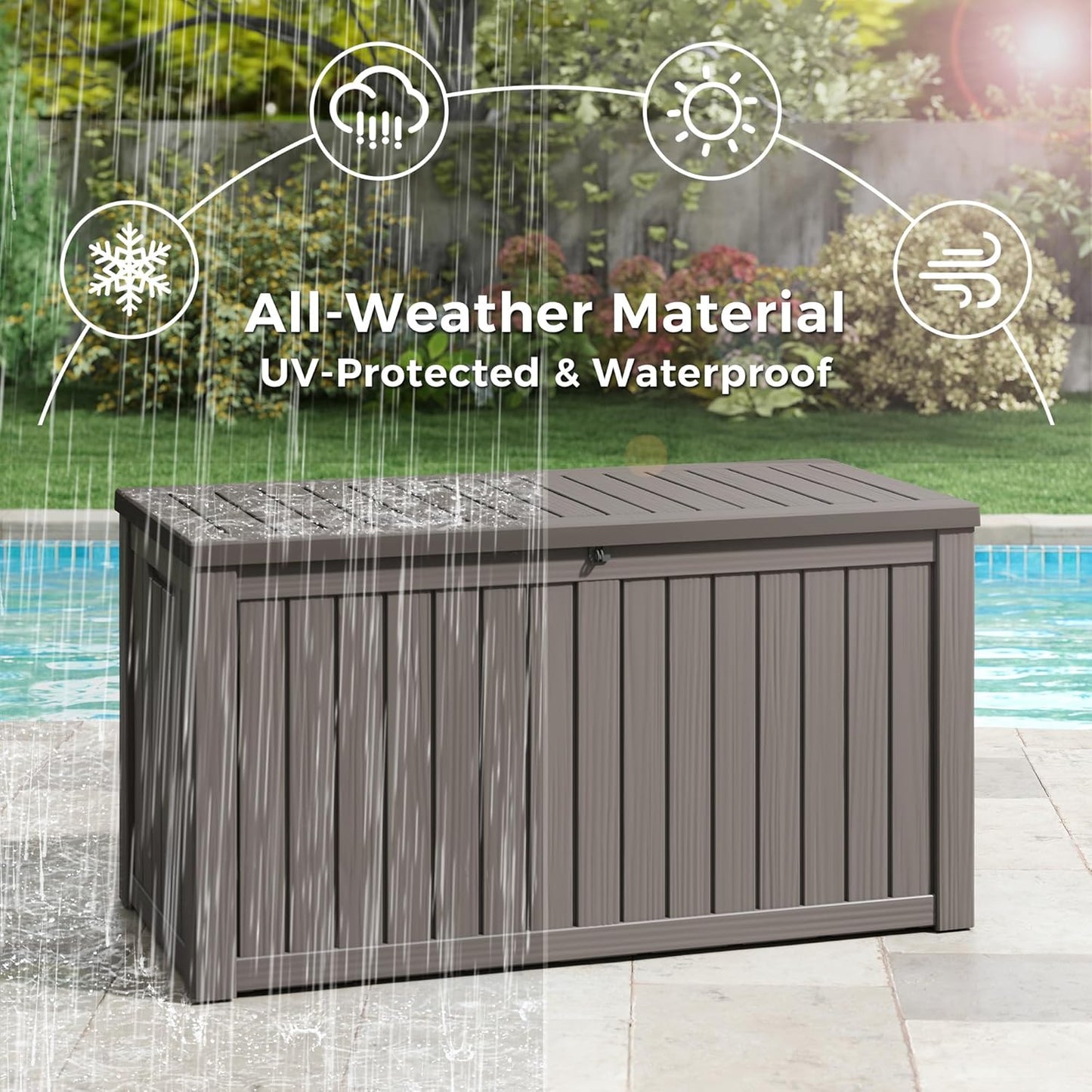 NUNU LAB 150 Gallon Outdoor Storage Box,Resin Large Sturdy Deck Box, Backyard Outside Storage Box Waterproof with Double Wall Panels,Package Delivery,Garden Outdoor Hose Bin