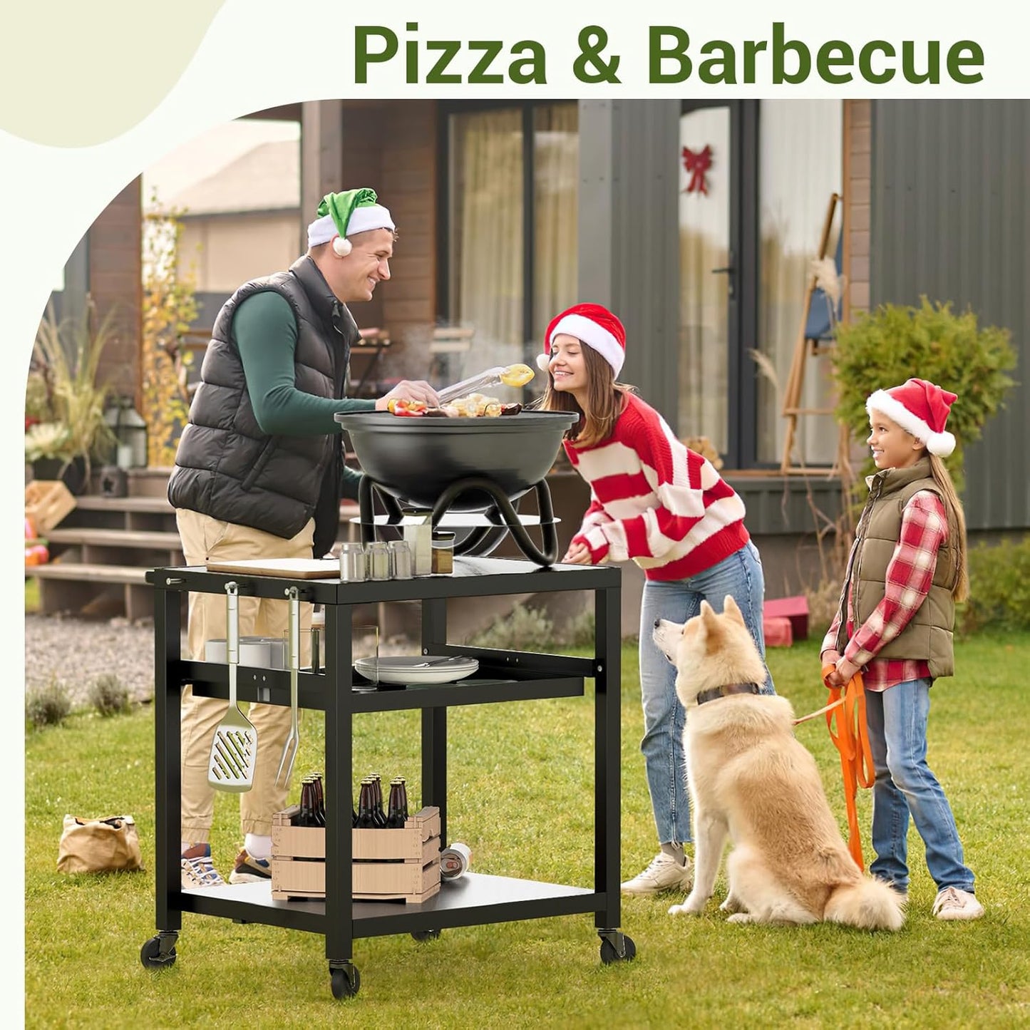 NUUK Outdoor Grill Prep Table 24"x30" Metal Grill Cart Outside 3-Layer Pizza Oven Table Movable with Universal Wheels for BBQ Backyard Patio
