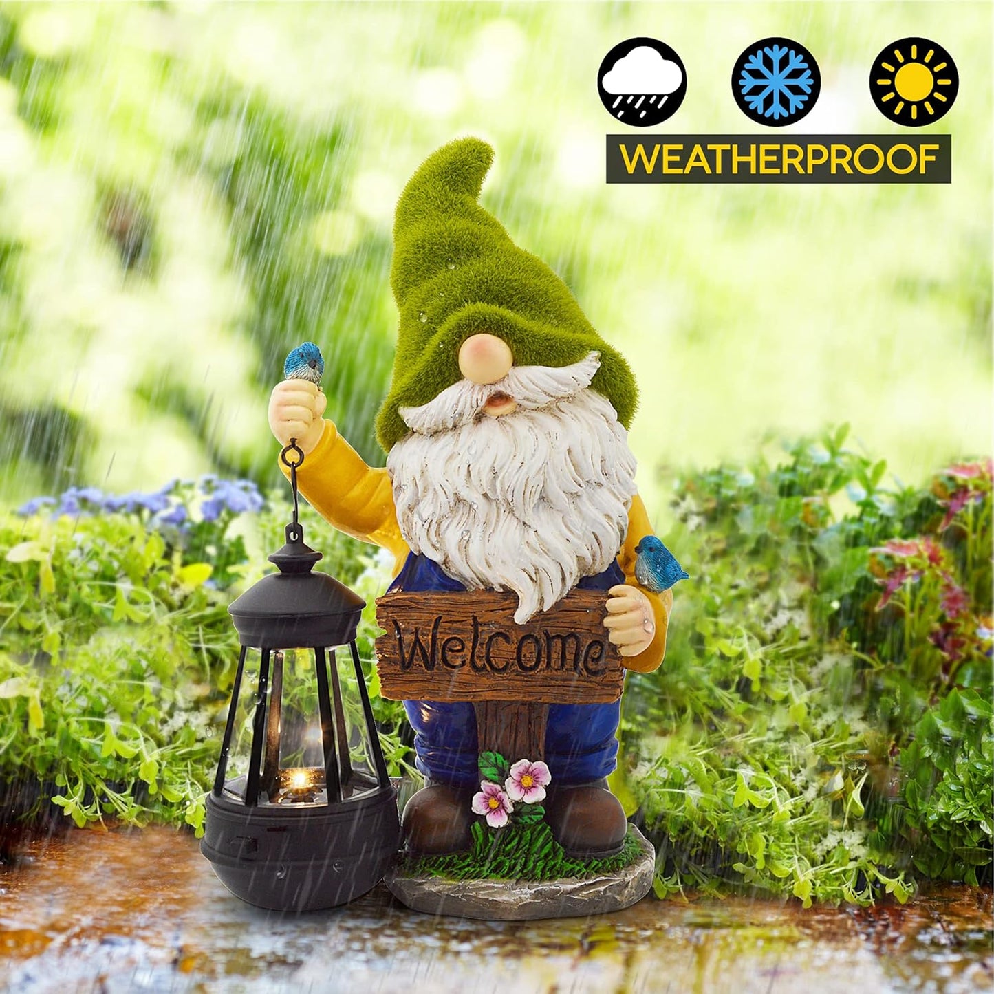 Christmas Garden Gnomes Outdoor - Flocked Gnome Statue Holding Lantern with Solar LED Lights | Gnomes Garden Decorations for Patio, Yard, Lawn Ornaments - Gnome Gifts