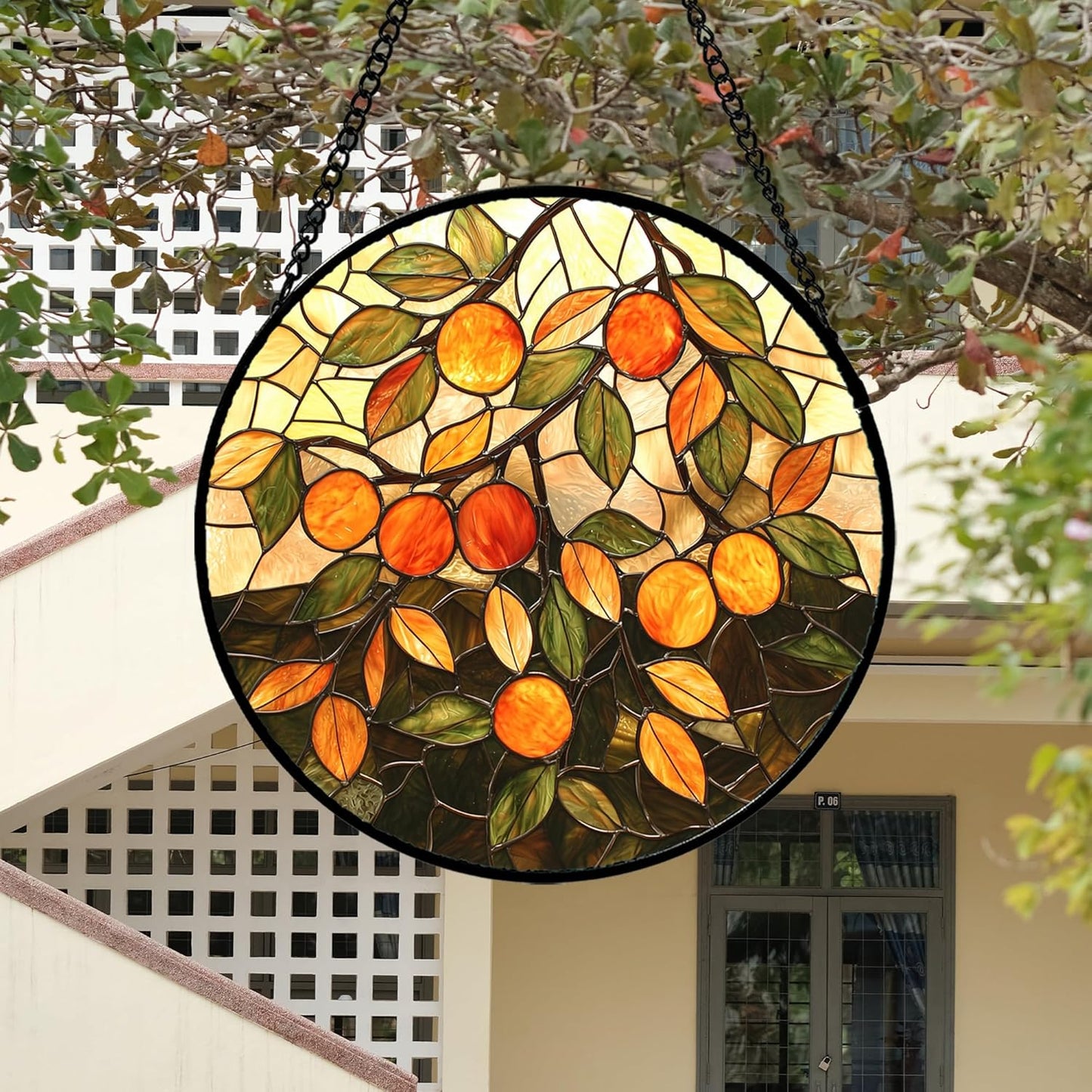 Stained Glass Suncatcher, Orange Green Fruit Tree Sun Catcher Landscape Stain Glass Window Hanging Decoration Mother's Day Birthday Gifts for Women Men Mom Nana 9.8 in