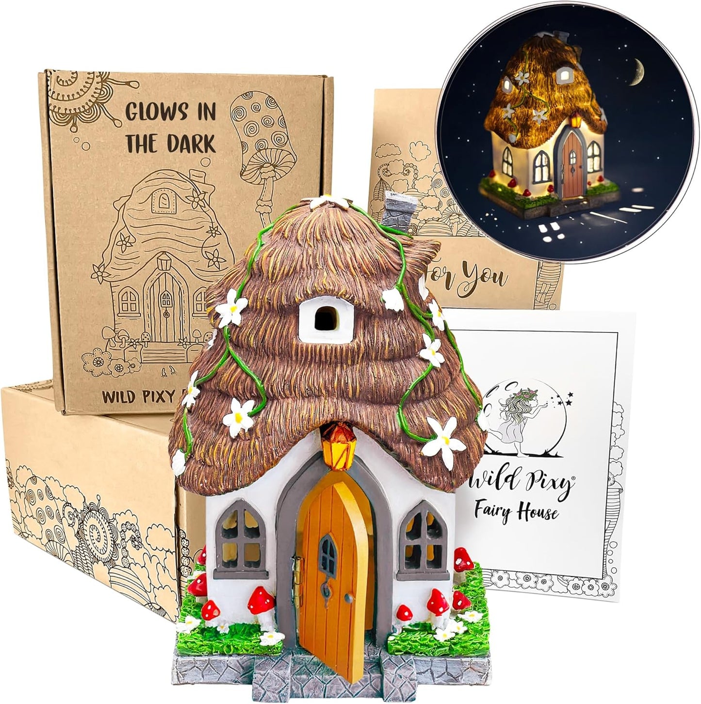 WILD PIXY Fairy Garden House - Glow in The Dark Fairy Cottage with Opening Door and Solar LED Light, Beautiful Miniature Garden Decoration for Indoor or Outdoor Fairy Gardens - 7.1" Fairy House