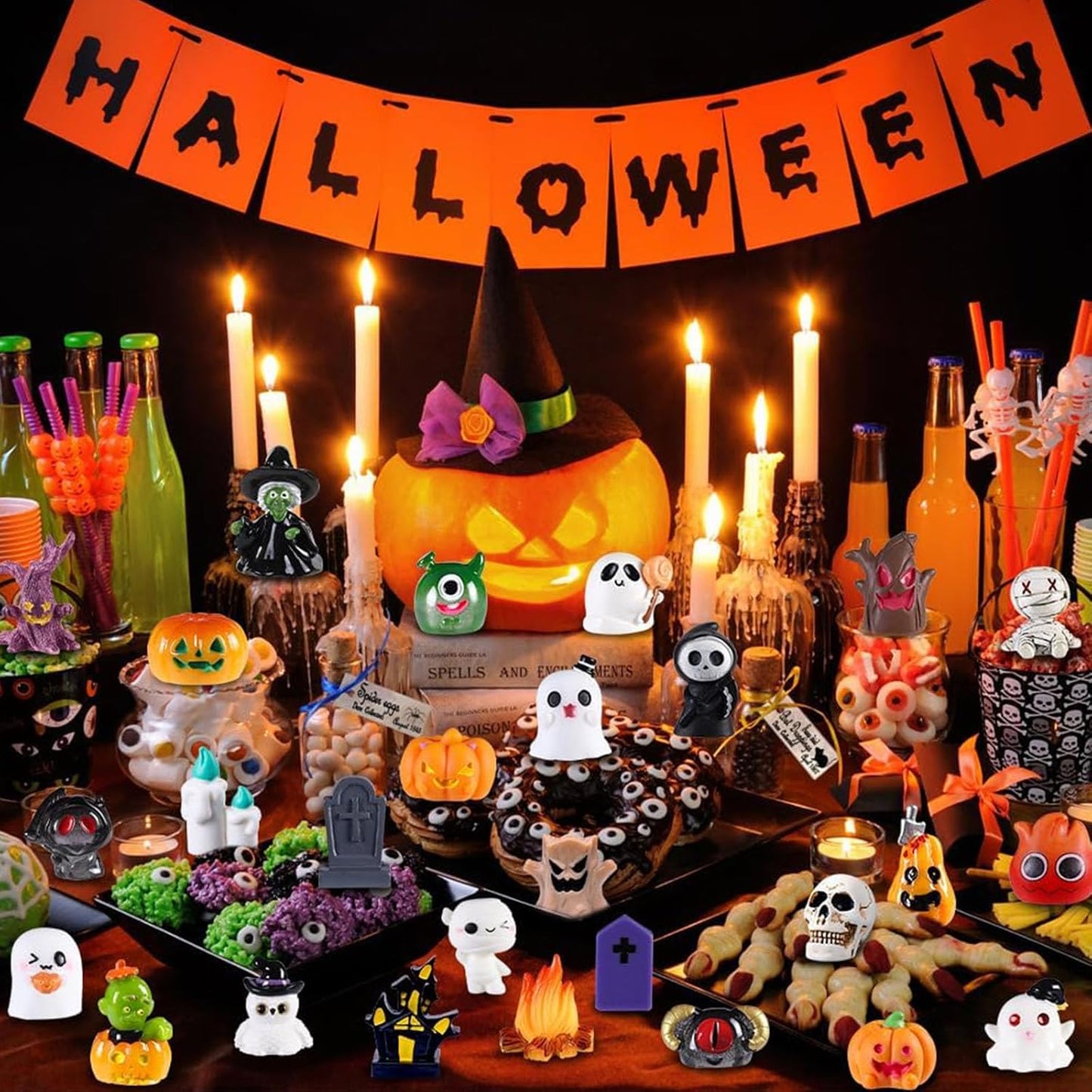 87 Pcs Halloween Mini Resin Figures 23 Styles Tiny Resin Animals Pumpkin Ghost Skull Miniatures Bulk for Halloween Party Favors Bag Fillers Garden Dollhouse Decor