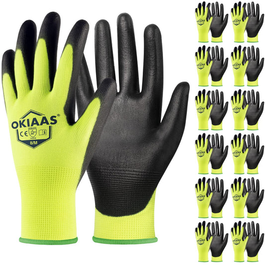 OKIAAS Work Gloves for Men, Ultra Thin and Lightweight with Grip, 12 Pairs Bulk Pack Construction Gloves with Polyurethane Coating, Safety Gloves for Light Duty Work (Green, Medium)
