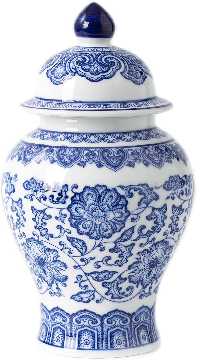 Blue and White Ginger Jar, Ceramic Chinoiserie Decorative Jars for Home, Office, Flower Vase Pocelain, Glossy Vase for Table, Living Room, Bookshelf, Mantle Fireplace, Centerpieces, 9.8"H