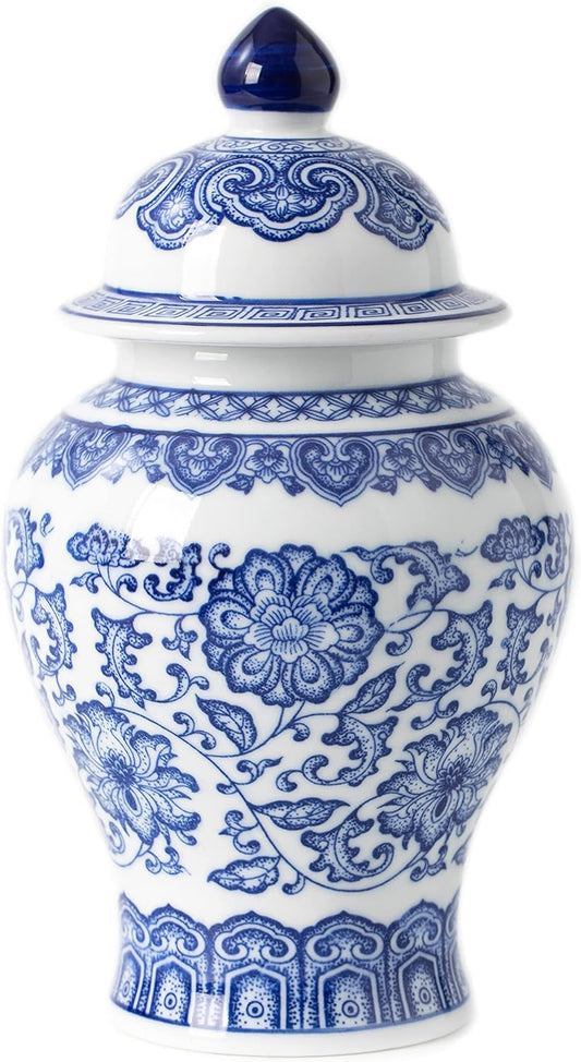 Blue and White Ginger Jar, Ceramic Chinoiserie Decorative Jars for Home, Office, Flower Vase Pocelain, Glossy Vase for Table, Living Room, Bookshelf, Mantle Fireplace, Centerpieces, 9.8"H