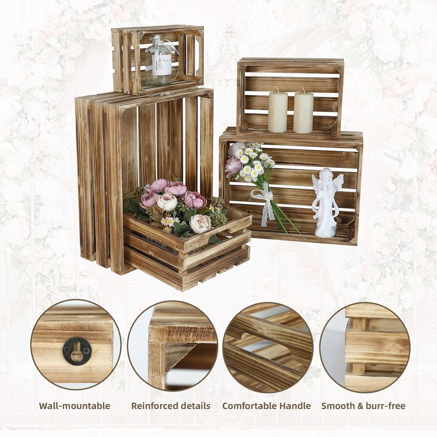 5-Piece Farmhouse Wooden Crate Set - Rustic Wooden Crates for Display and Storage, Large Torched Decorative Crates, Farmhouse Apple Crates, Painted Wood Crates for Decor