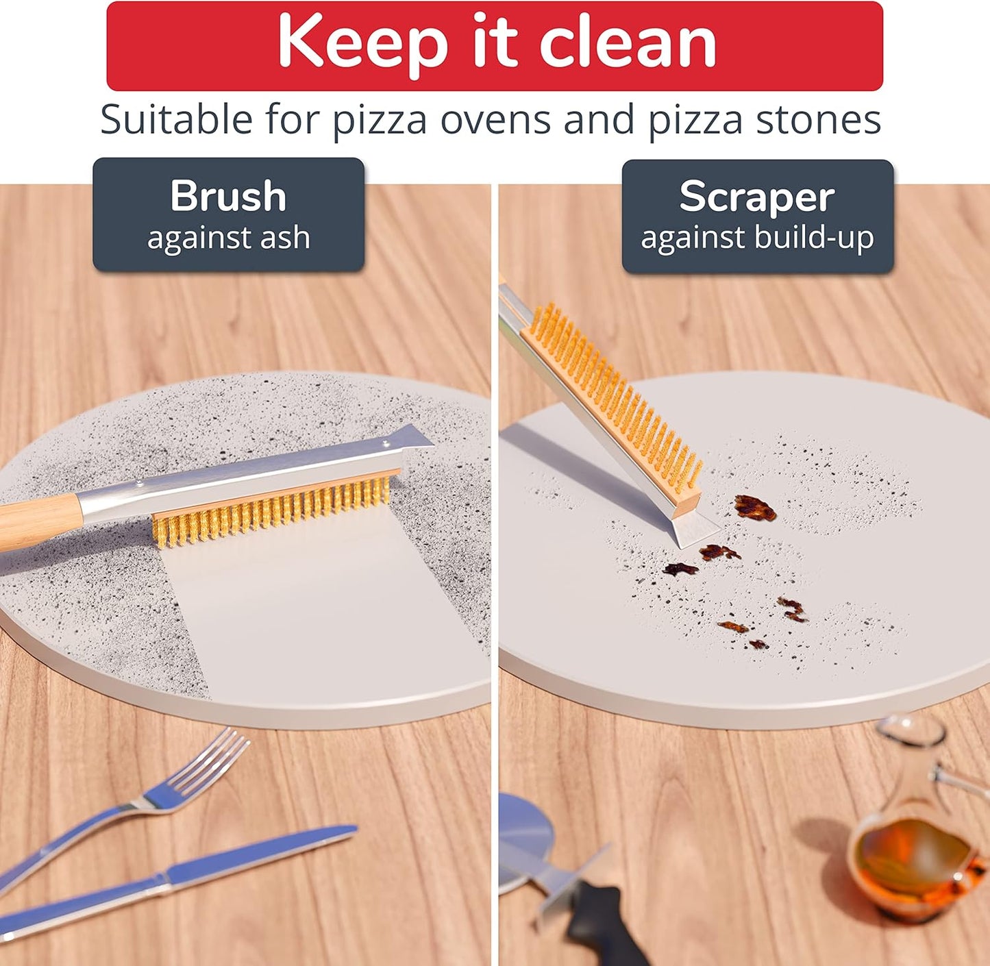 Pizza Oven Accessories Set - 3 Piece Pizza Making Kit with Pizza Peel, Pizza Oven & Stone Brush with Scraper, Turning Fork & Bubble Popper - Tools for Indoor Outdoor Brick Wood Gas Ovens