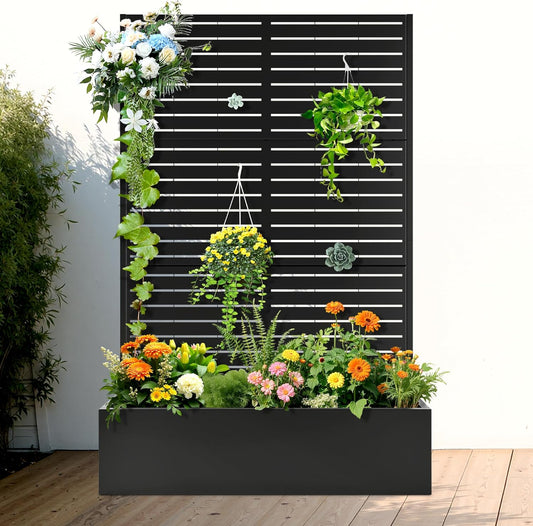 FENCY Metal Raised Garden Bed with Trellis, Metal Planter Box with Trellis, Garden Box for Climbing Plants Vegetable, 47" Lx16 Wx71 H Garden Bed with Drainage Holes(Black-Louvered)