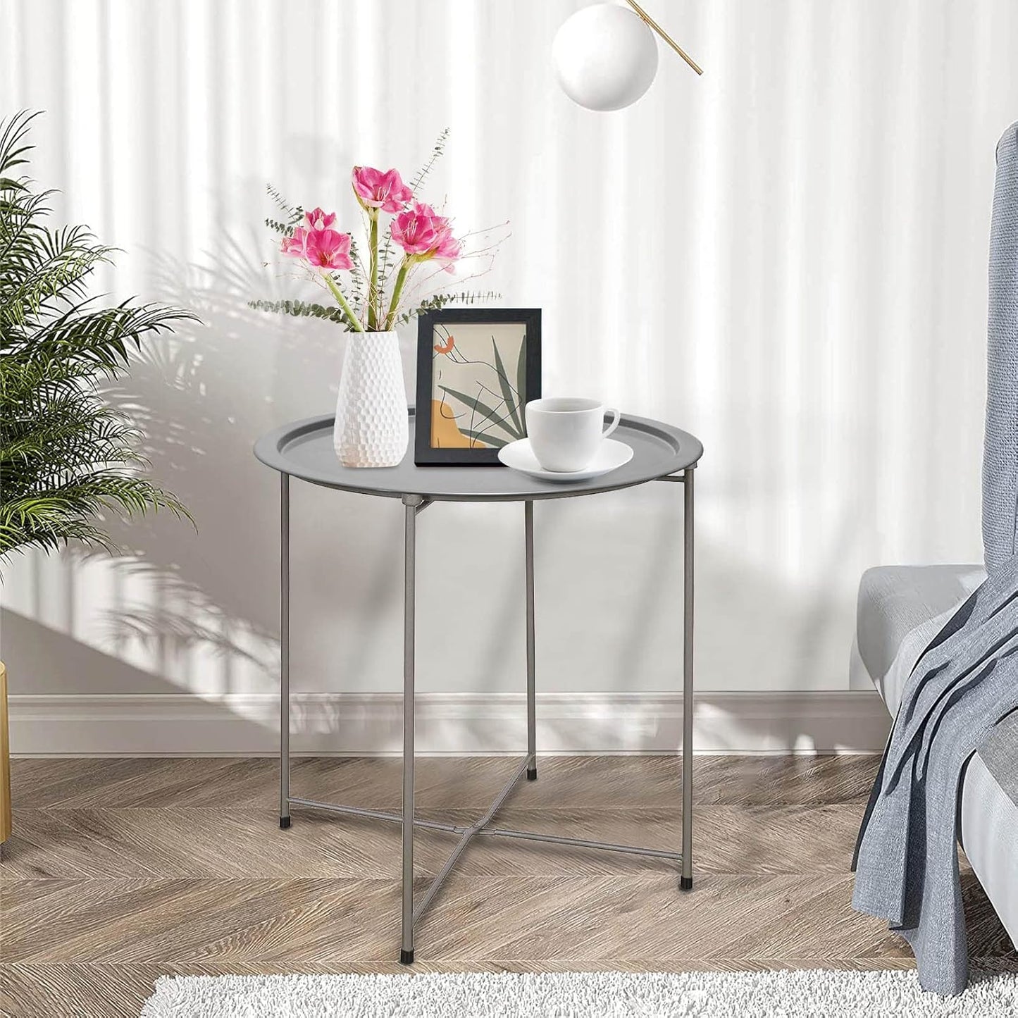 Garden 4 you End Table Metal Side Table Grey Round Folding Tray Cyan Sofa Small Accent Fold-able Table, Round End Table Tray, Next to Sofa Table, Snack Table for Living Room and Bed Room