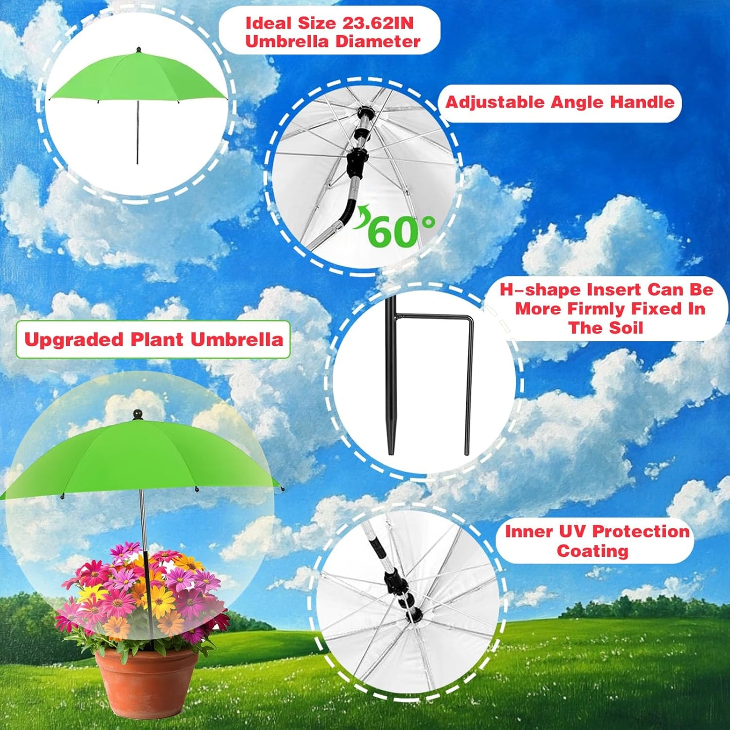 4 Pack Plant Umbrellas for Outdoor Plants,23IN Larger Garden Plant Umbrella Shade with Adjustable Angle,40IN Higher Sun Shade for Plants, Potted Plant, Garden Beds