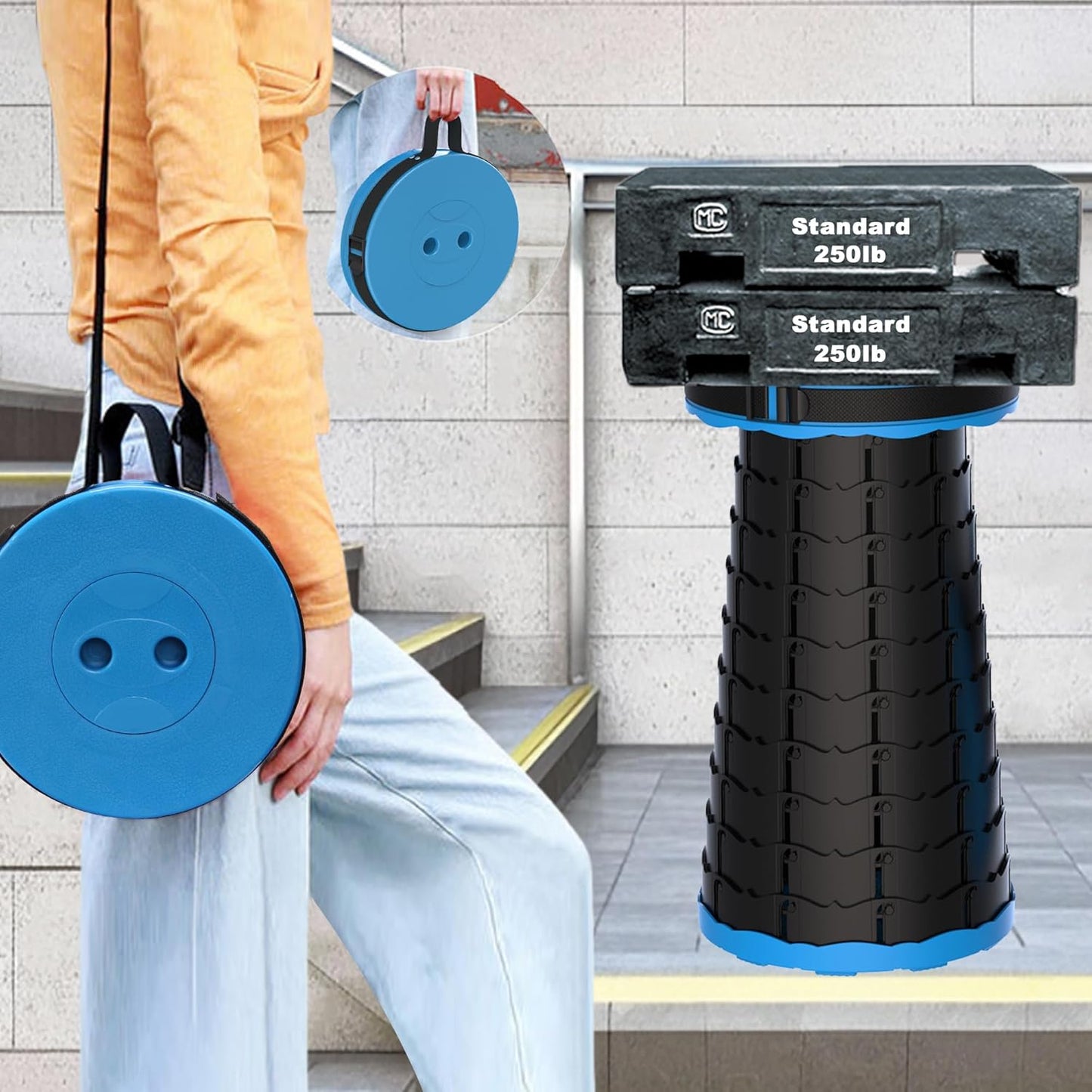 ALEVMOOM Upgraded Nylon Collapsible Stool with 500lbs Max Weight Portable Retractable Folding Telescoping Stools for Adults Chair for Outdoor Camping Fishing Hiking BBQ(Nylon Blue)