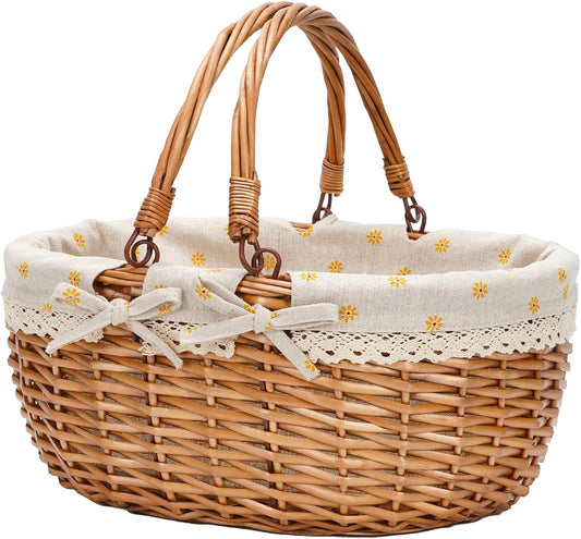 G GOOD GAIN Wicker Picnic Basket with Double Folding Handles,Willow Picnic Hamper,Natural Hand Woven Easter Basket,Easter Eggs and Candy Basket,Bath Toy and Kids Toy Storage,Gift Packing Basket.Yellow