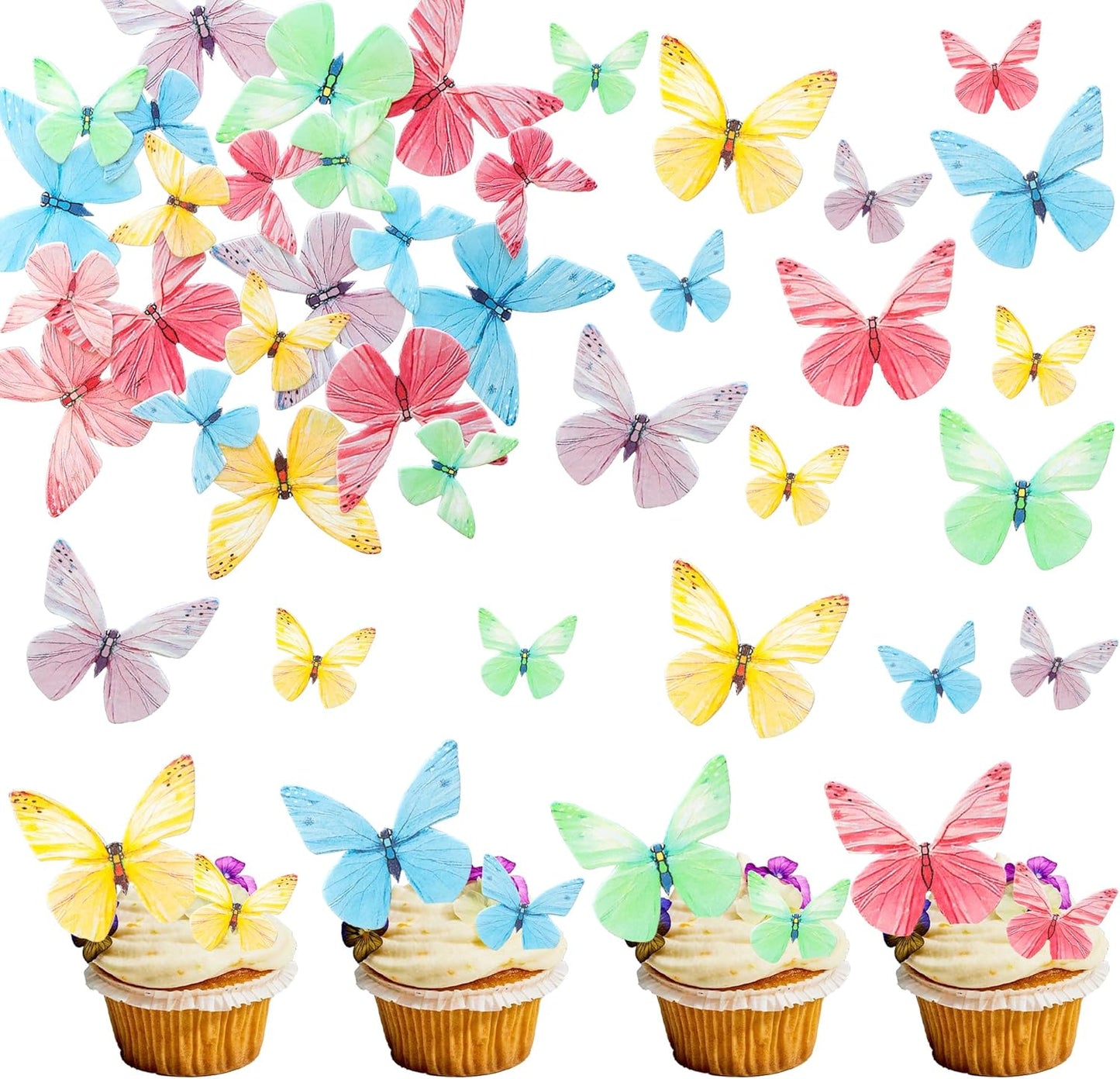 Ephlyn 72Pcs Edible Butterfly Cupcake Toppers Mixed Color Cake Picks Cute Butterfly Cake Decorations for Baby Shower theme Boys Girls Birthday Party Decorations Supplies Colorful