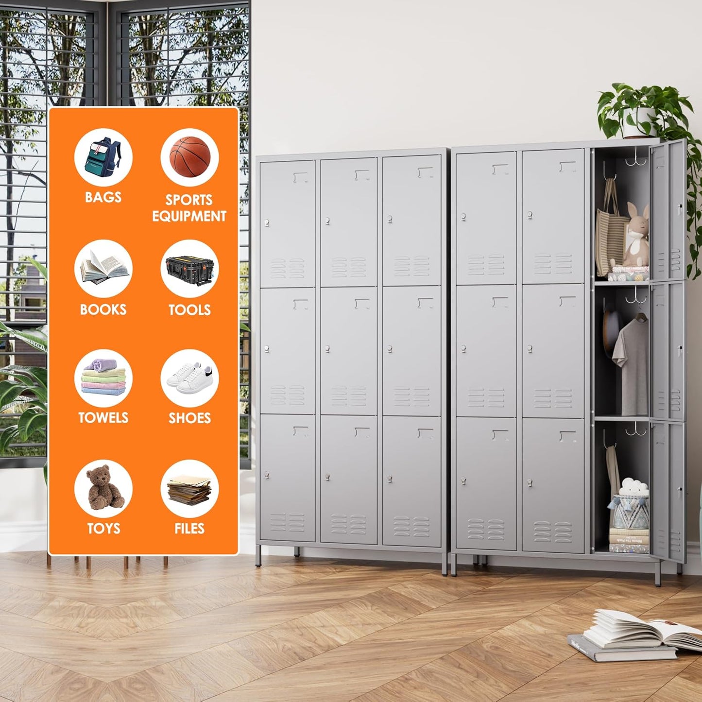 9 Doors Metal Lockers for Employees with 27 Hooks, Storage Locker with Business Card Holder for Office Gym School Bedroom, Assembly Required, Dark Gray