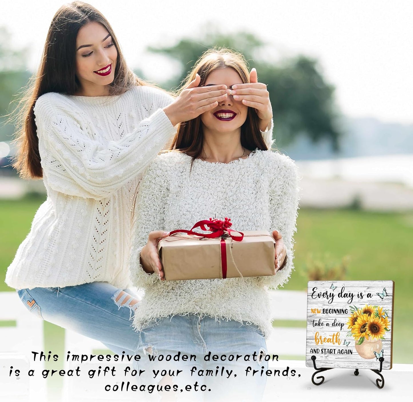 Motivational Gifts Wood Decor Sign, Inspirational Sunflower Wooden Rustic Farmhouse Decor with Stand for Home Desk Tabletop Shelf Decorations (A12)