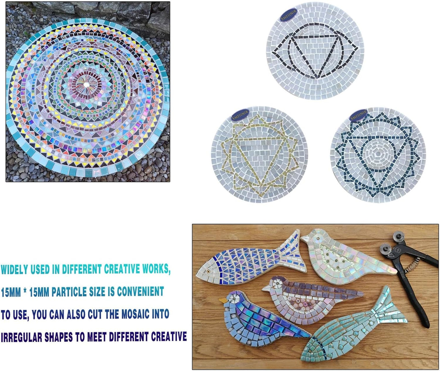 SMEIINIK 1.1lb Bulk Iridescent Color Mosaic Tiles for Crafts, Glass Mosaic Pieces, Stained Glass Tiles, 260 Pieces, 15mm Square, Polished Edge, Art Deco Style, Not Water Resistant