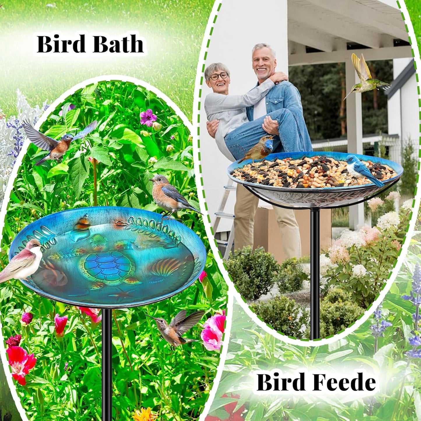 Metal Bird Bath for Outside Feeder Bowl, Detachable Birdbath & Birdfeeder with Base Stake, Vintage Bird Baths for Outdoors Garden Yard Lawn Decor (Blue)