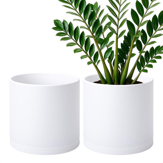 D'vine Dev 2 Pack 10 Inch Modern Plastic Plant Pots, Small Garden Planters for Plant with Drainage Holes and Saucers, White Color, 74-Z-N-1