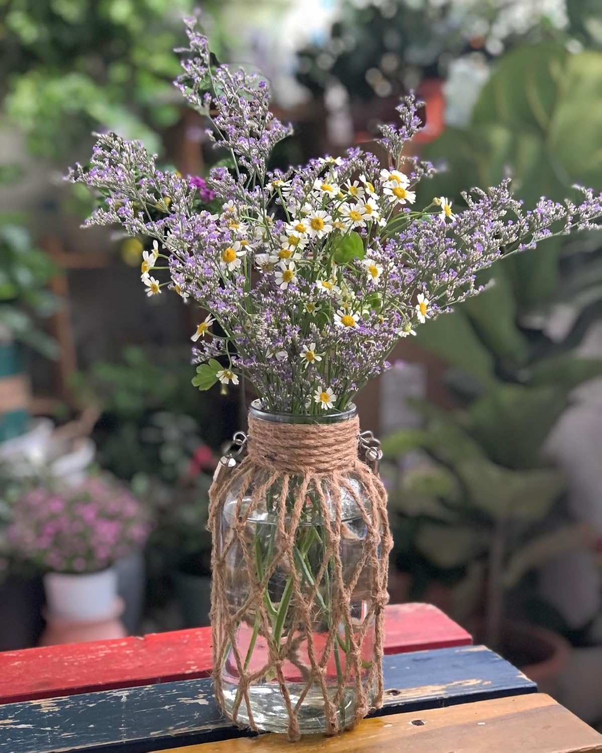 Set of 2 Rattan Hanging Mason Vase - Decorative Jars With Rope for Wedding Party Table Sea Beach Decor (2 Vases 8'')