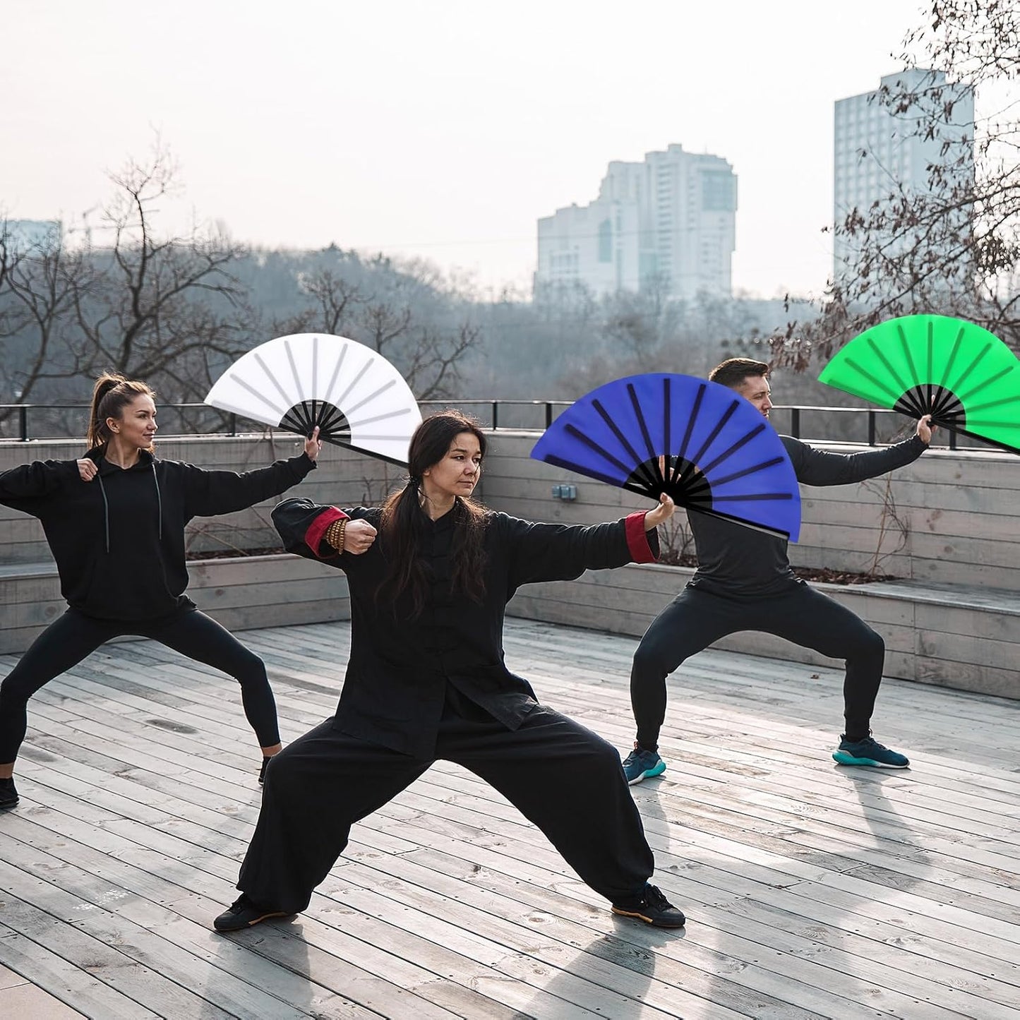 Maitys 4 Packs Large Clap Fans for Line Dancing Large Chinese Folding Hand Fans for Men and Women, Festival, Tai Ji, Kungfu, Martial Art, Gifts (White,Blue,Green and Rose Red)