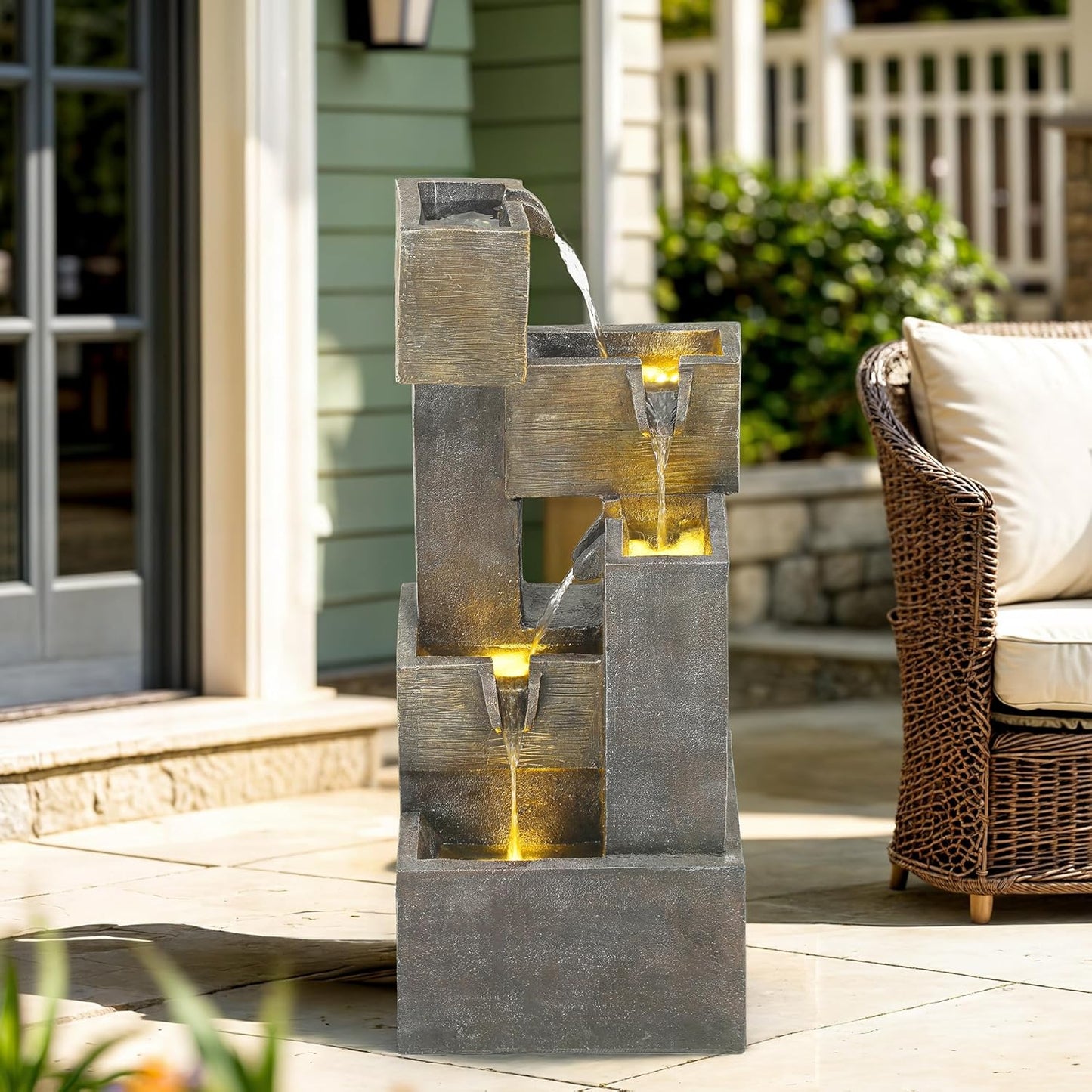 32.5" Modern Outdoor Water Fountain with LED Lights, 5-Tier Stacked Blocks Garden Fountain Cascading Waterfall Feature for Relaxing Garden, Patio, Backyard, Deck, Porch or Home Décor