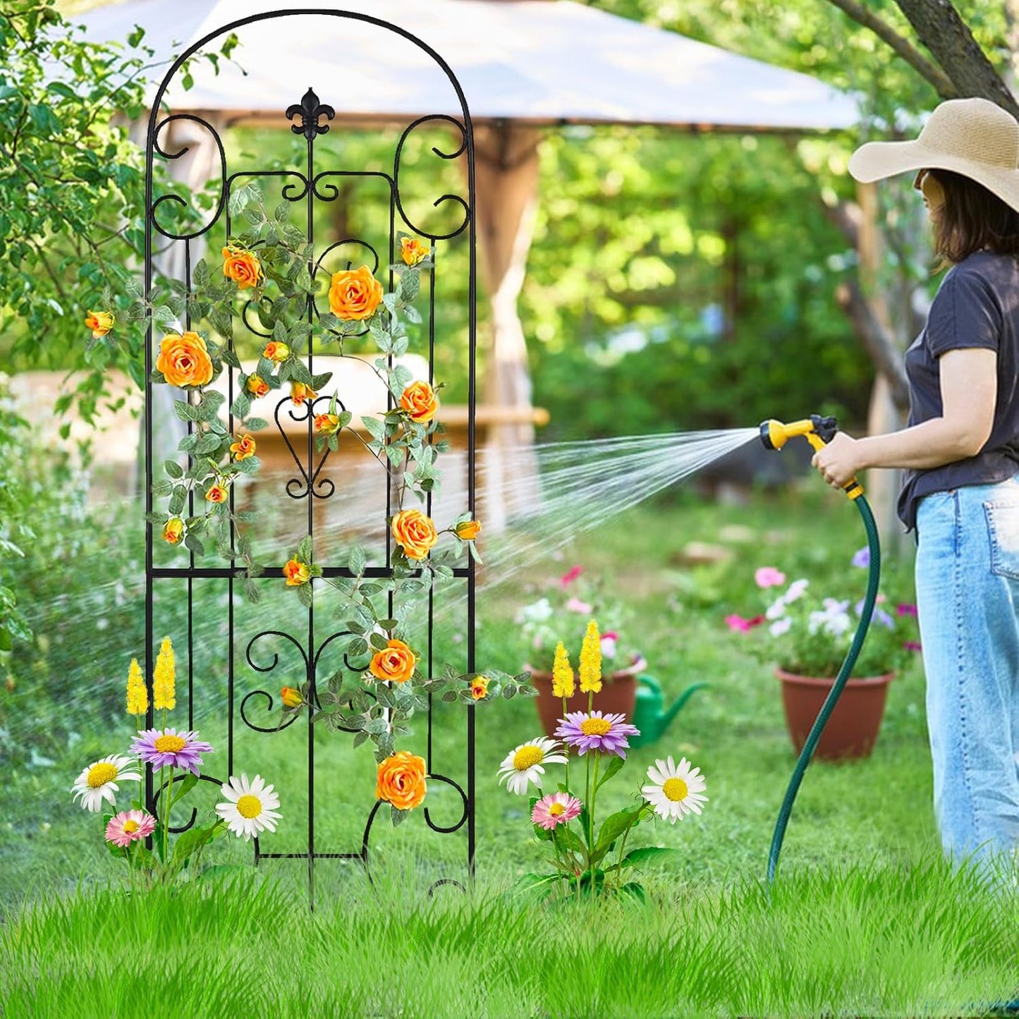 70"X18" Metal Garden Trellis for Climbing Plants, Climbing Plant Support, Heavy-Duty Steel Garden Trellis for Indoor & Outdoor Vines Plant Rose Vegetable Support Black (2, Pattern-C)