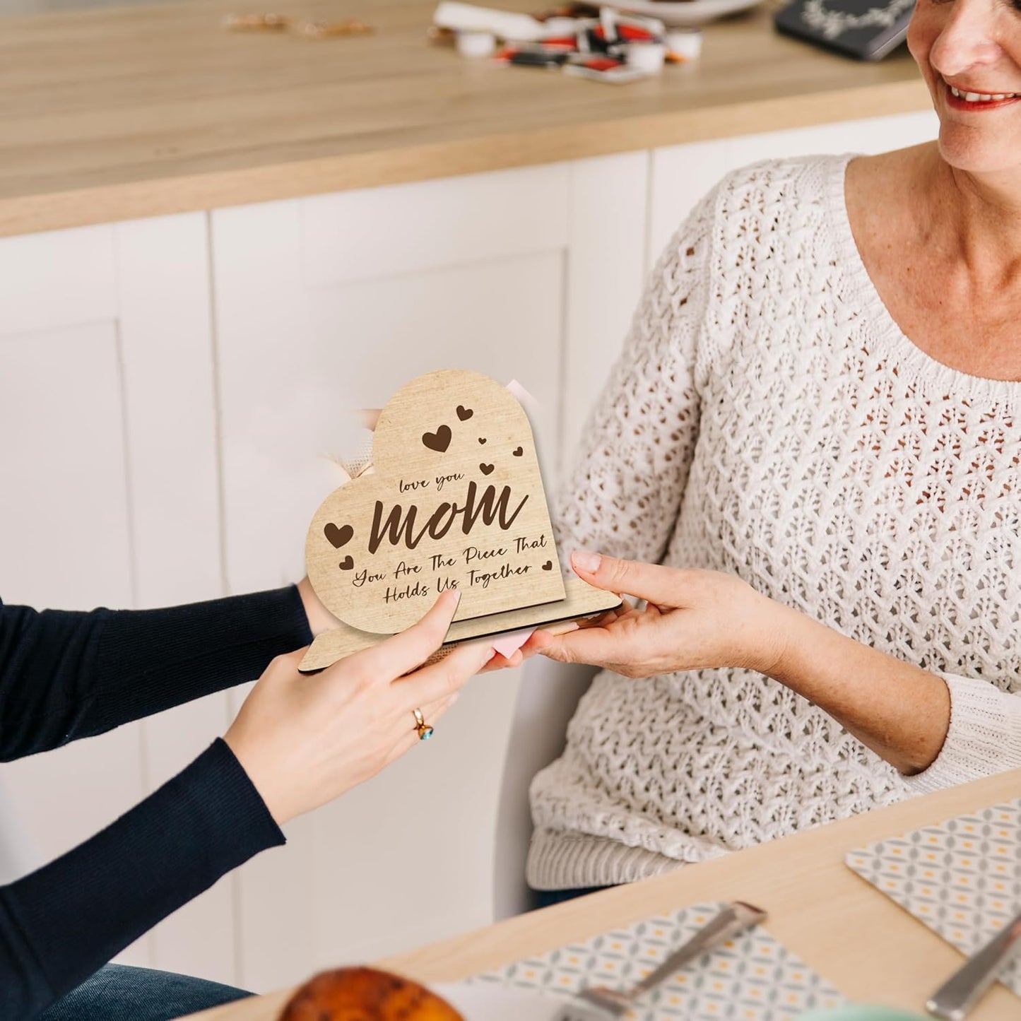 Mom Gift – “You Are The Piece That Holds Us Together” Heart-Shaped Wooden Plaque, Rustic Desk Decor, Sentimental Wooden Sign for Mother.(050)