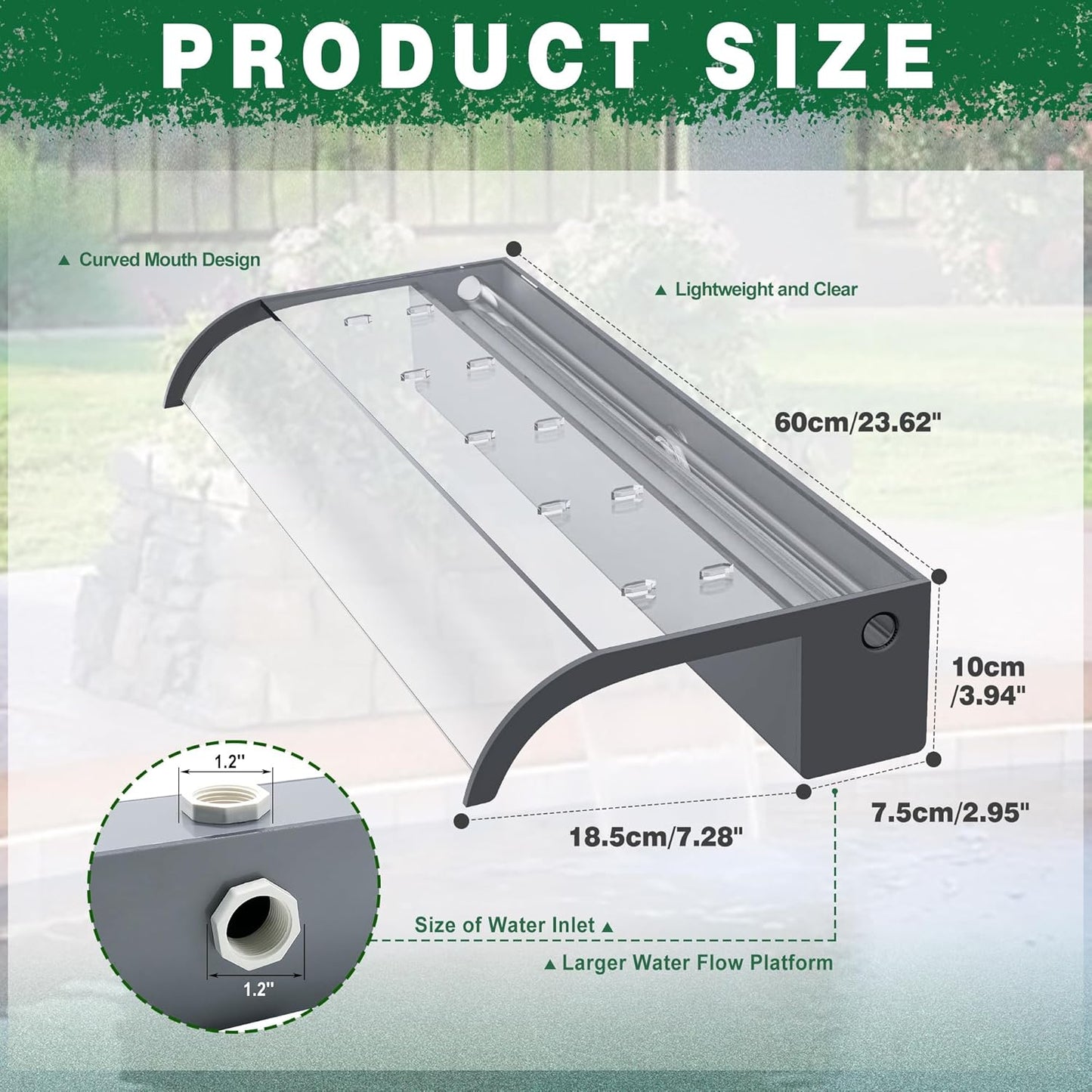 Pool Fountain, LONGRUN Waterfall Spillway for Koi Ponds - 23.6" Transparent Acrylic Waterfall with APP Control & Multi-Color LED Lights for Swimming Pool, Garden Pond, Patios, Spa Decoration