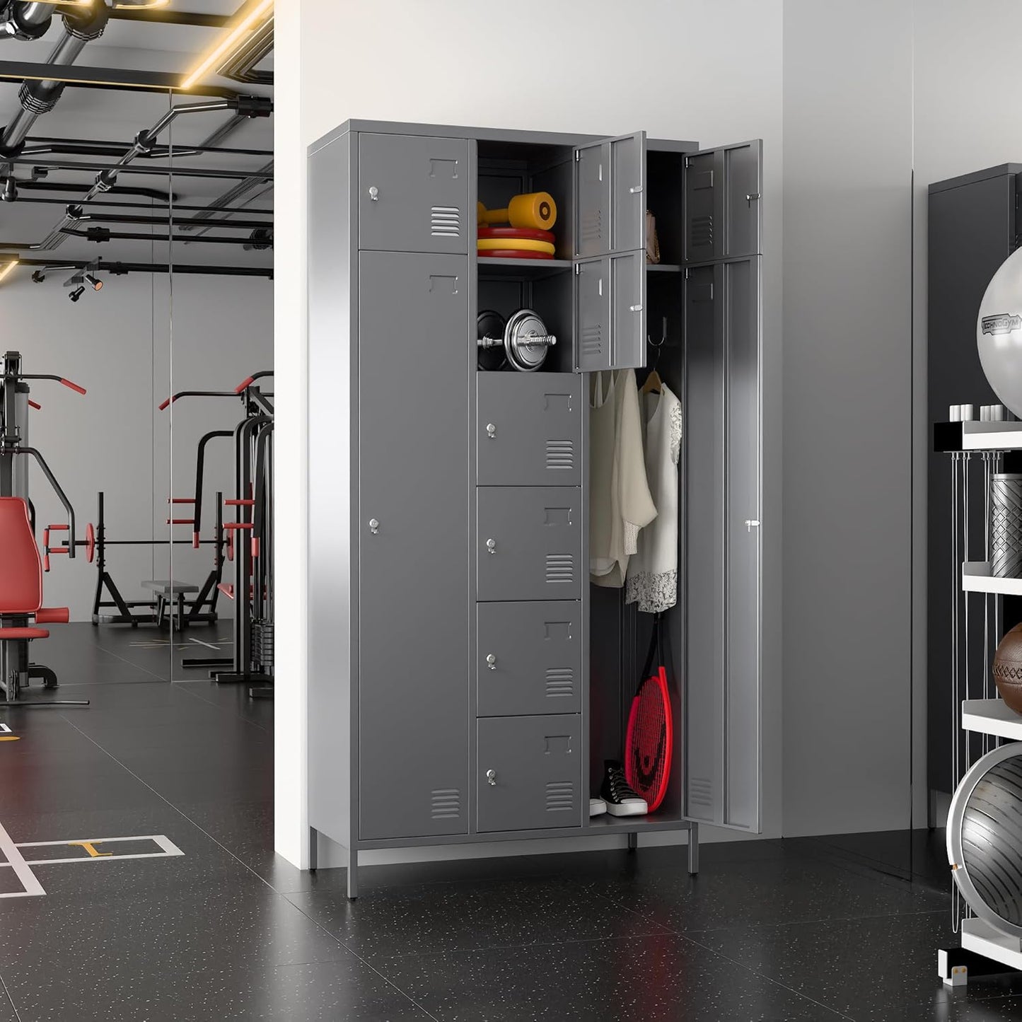 72" H Metal Storage Lockers with Doors,Industrial Combination Employee Lockers with Hooks for Office,Home Gym,School,Assembly Required,8+2Doors,Grey