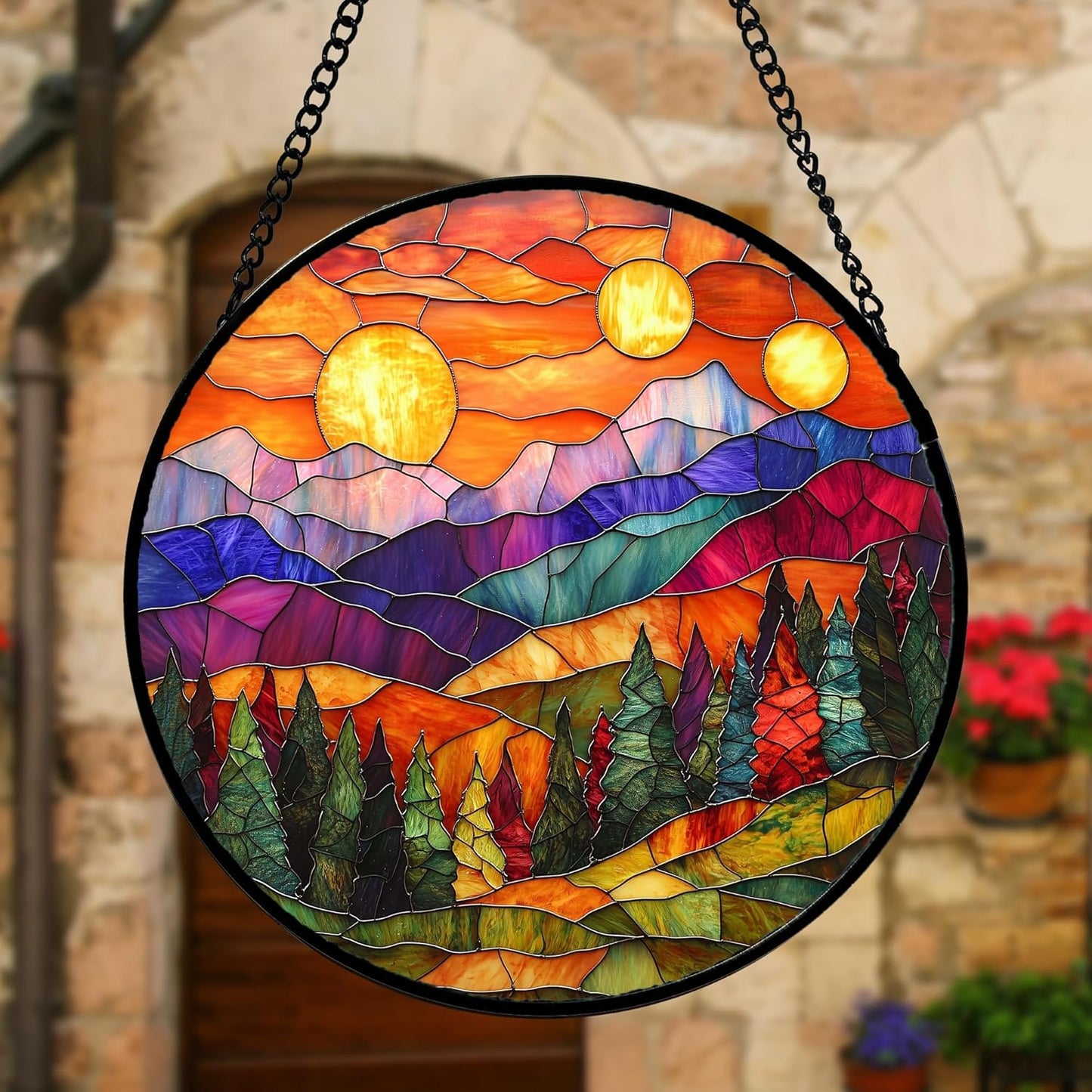 Stained Glass Window Hanging, Sunset Abstract Sun Catchers Colorful Glass Panel Landscape Suncatcher Decor for Birthday for Women, Men, Wife, Aunt, and Mom 11.8x11.8 in