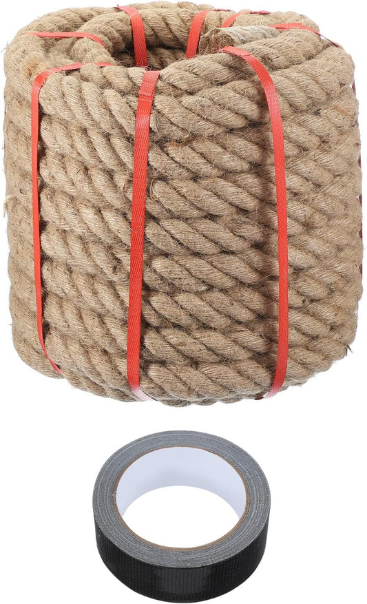 MECCANIXITY Jute Rope 20ft x 0.7 Inch, Thick Twine Rope Ropes Braided Jute Twine Natural Brown Burlap Cord String Heavy Twisted with Tape for Decorative Crafts Railing Swing Tug of War