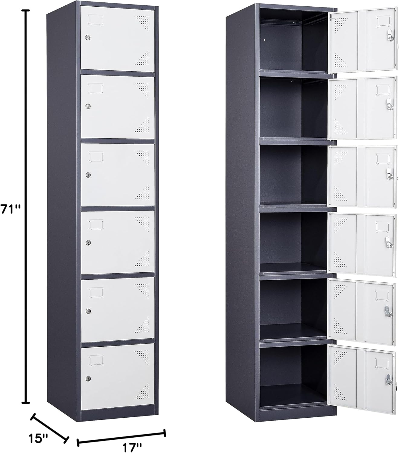 SISESOL Metal Locker Storage Cabinet with Doors and Shelves Metal Lockers with 6 Doors,71" Lockable Small Locker Storage Cabinet for Employees,School, Office, Home, Gym(White/Grey)
