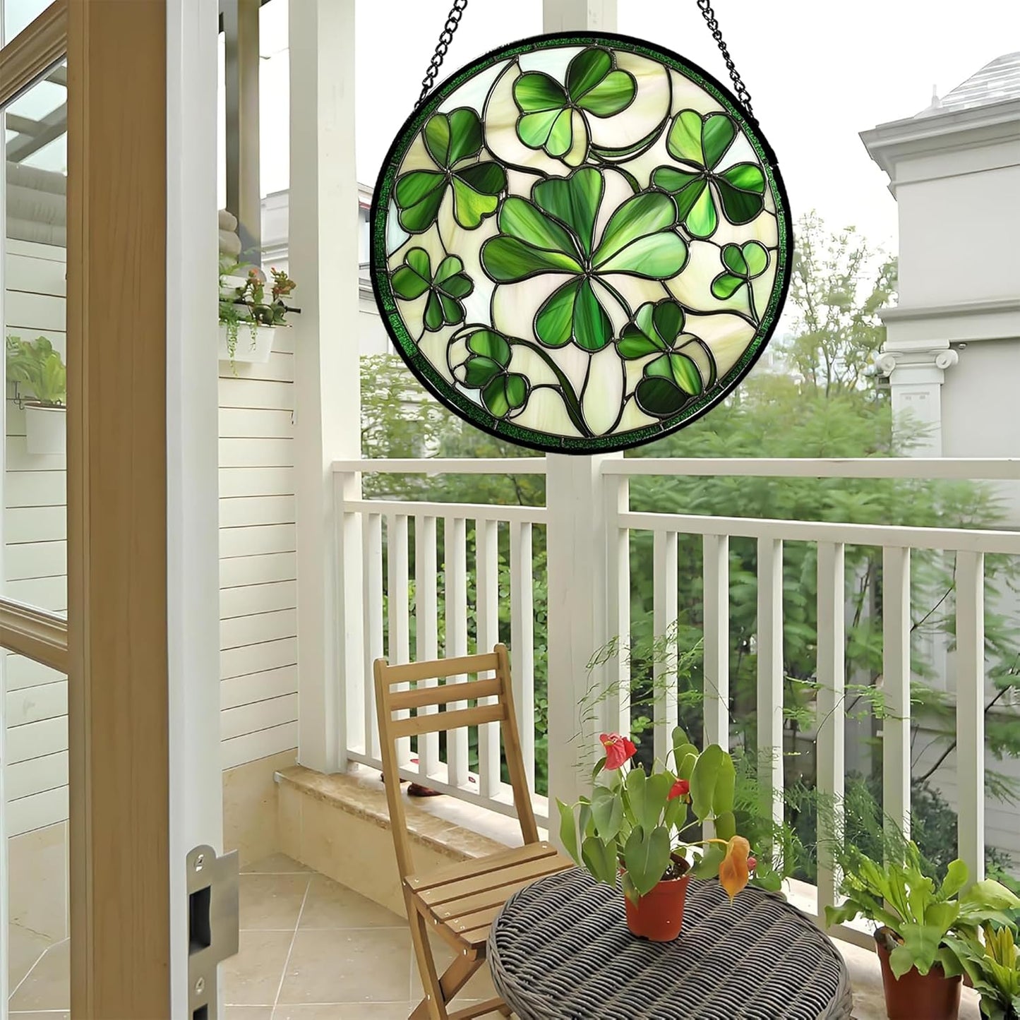 Stained Glass Window Hanging - Green Clover Flowers Suncatcher for Doors Garden St. Patrick's Day Plant Floral Sun Catchers Decor Mother's Day Birthday Gifts for Women Men Mom Nana 9.8 in