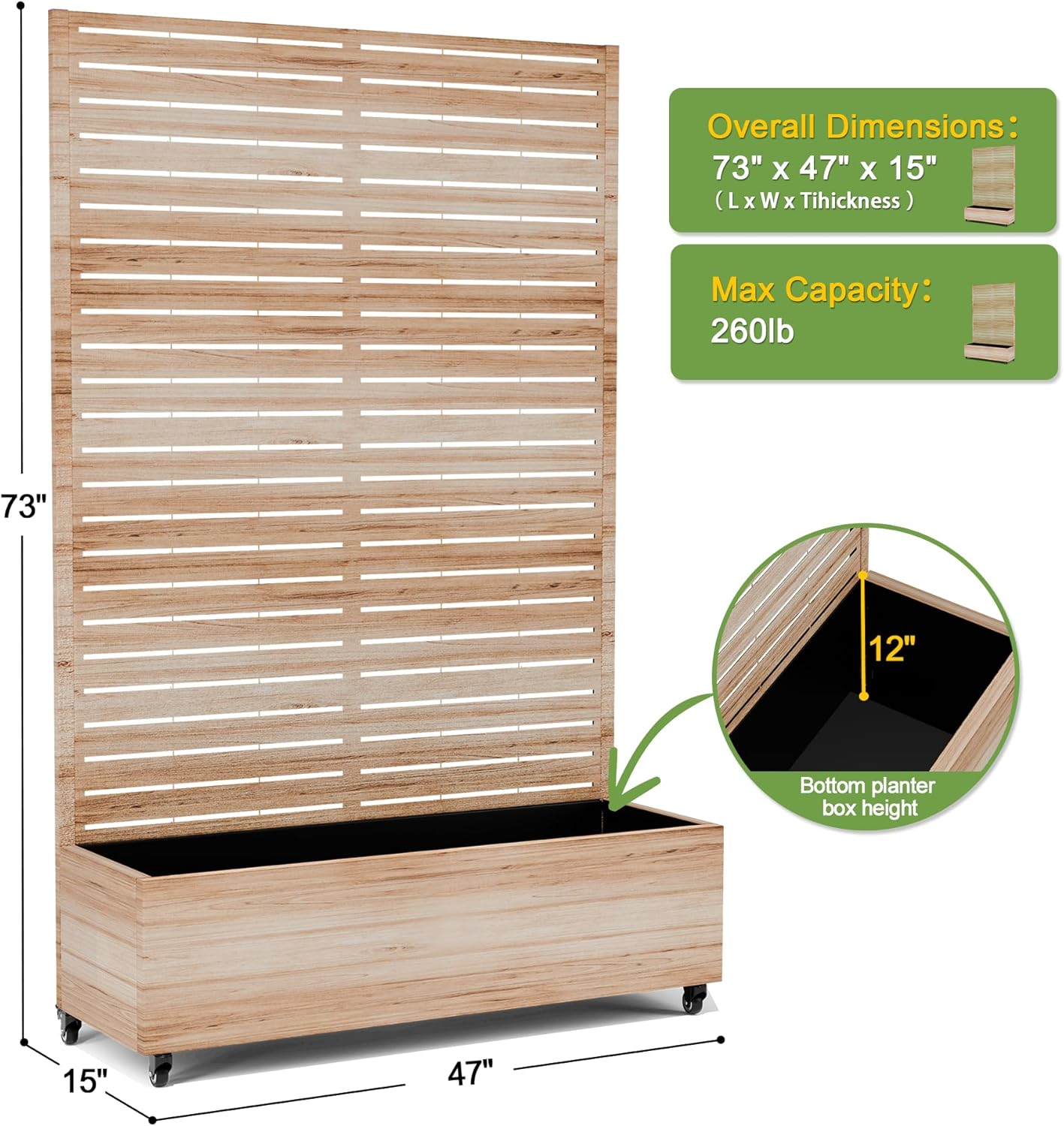 FENCY Metal Raised Garden Bed with Wheels and Trellis,73"x47"x16" Planter Box for Climbing Plants, Vegetables & Vines, Features Privacy Screen and Drainage Holes (Acacia Wood Finish)