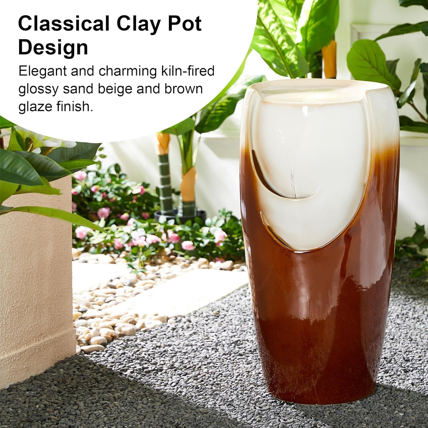 Glitzhome 29.25" H Oversized Ceramic Vase Outdoor Water Fountain, Tall Sand Beige Brown Glaze Patio Garden Water Fountain with LED Light and Submersible Pump for Garden Patio Balcony Yard Art Decor