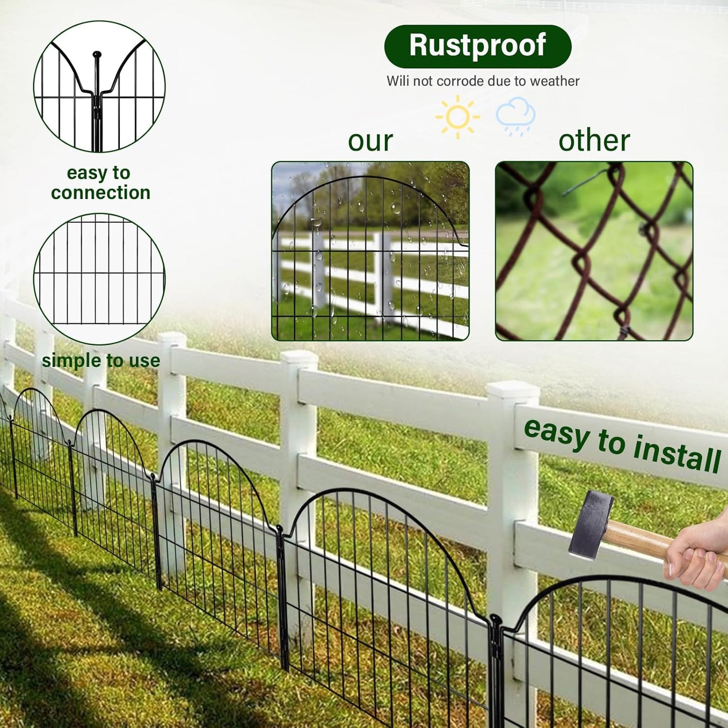 Decorative Metal Garden Fence 6 Panels, 25in (H) x 12.2ft (L) No Dig Outdoor Dog Fence Panels, Easy Install Temporary Fencing for Yard, Rustproof Wire Garden Border