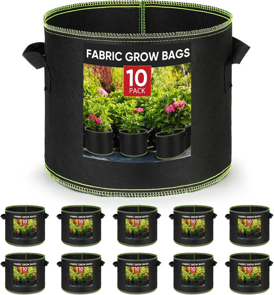 Grow Bags 5 Gallon10Pcs Heavy Duty 300G Fabric Pots for Plants,Thickened Nonwoven Garden Bags for Vegetables,Large Nursery Pots,Tomato, Green Line Border (5 Gallons)