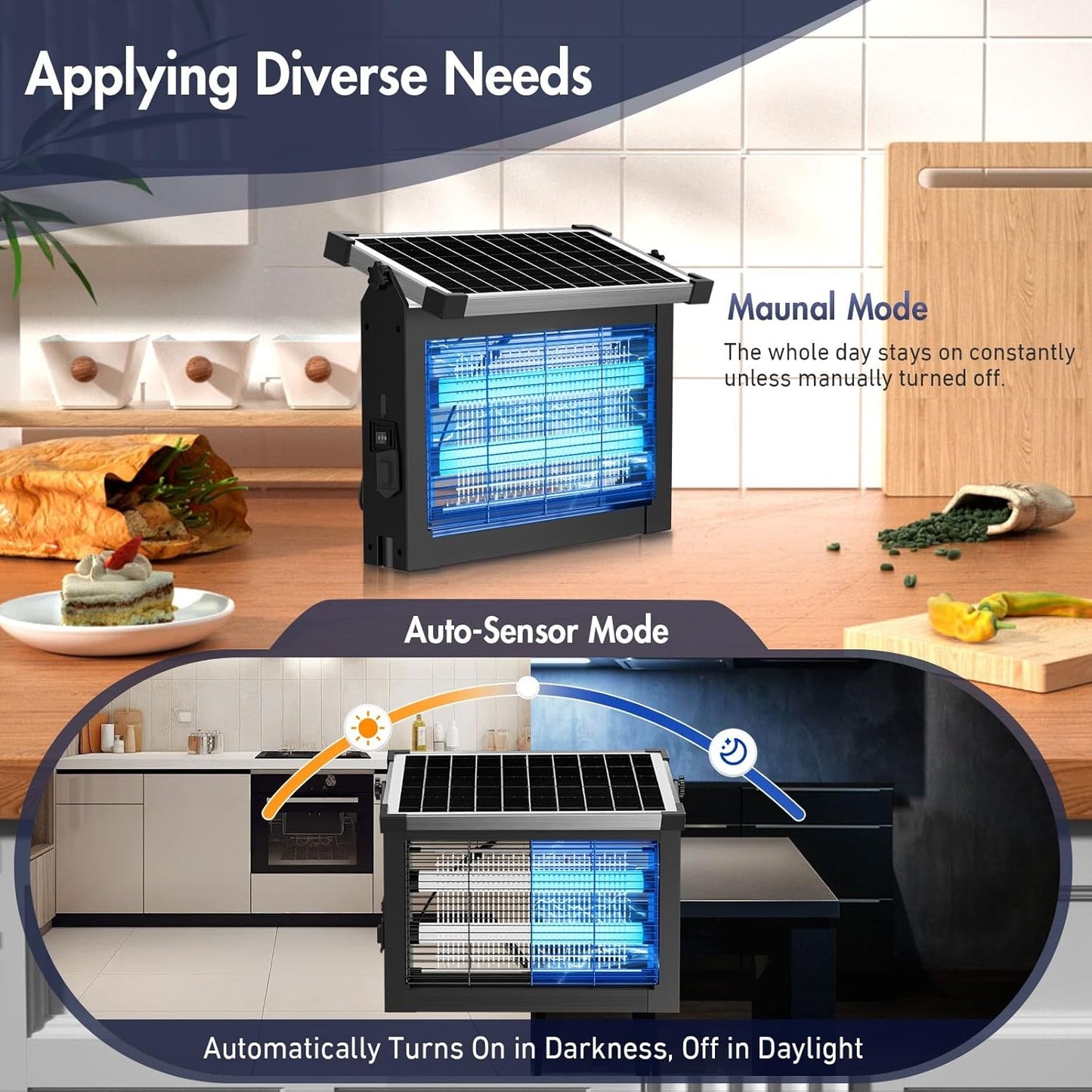 Solar Bug Zapper Outdoor, Jinyeda 4500V Rechargeable Mosquito Zapper 4000mAh Battery, Detachable Solar Panel, Waterproof Mosquito Killer, Cordless Fly Insect Zapper for Indoor Patio Garden Camping