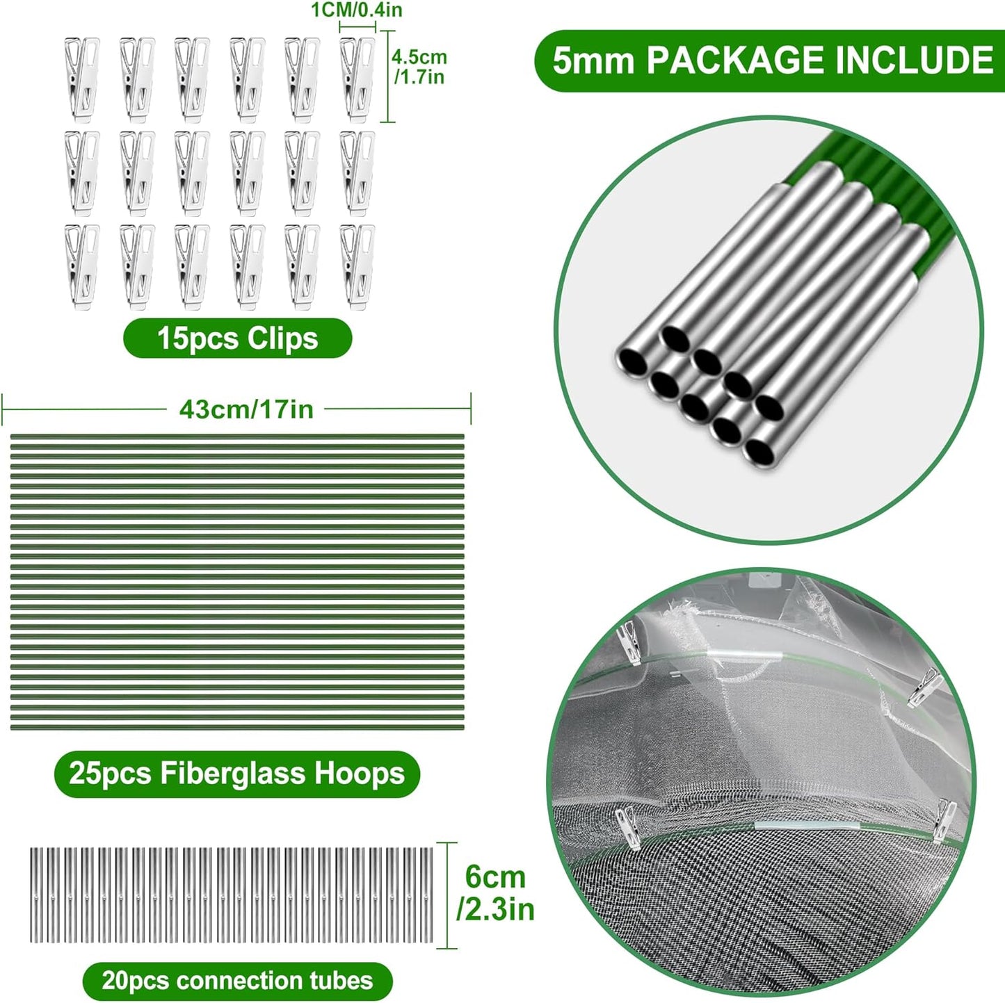 FOTMISHU Garden Hoops for Raised Beds Row Cover,5 Sets 7ft Grow Tunnel,Rust-Free Fiberglass Greenhouse Support Hoops Frame for Garden Mesh Netting, Outdoors Plant Growth -24PCS