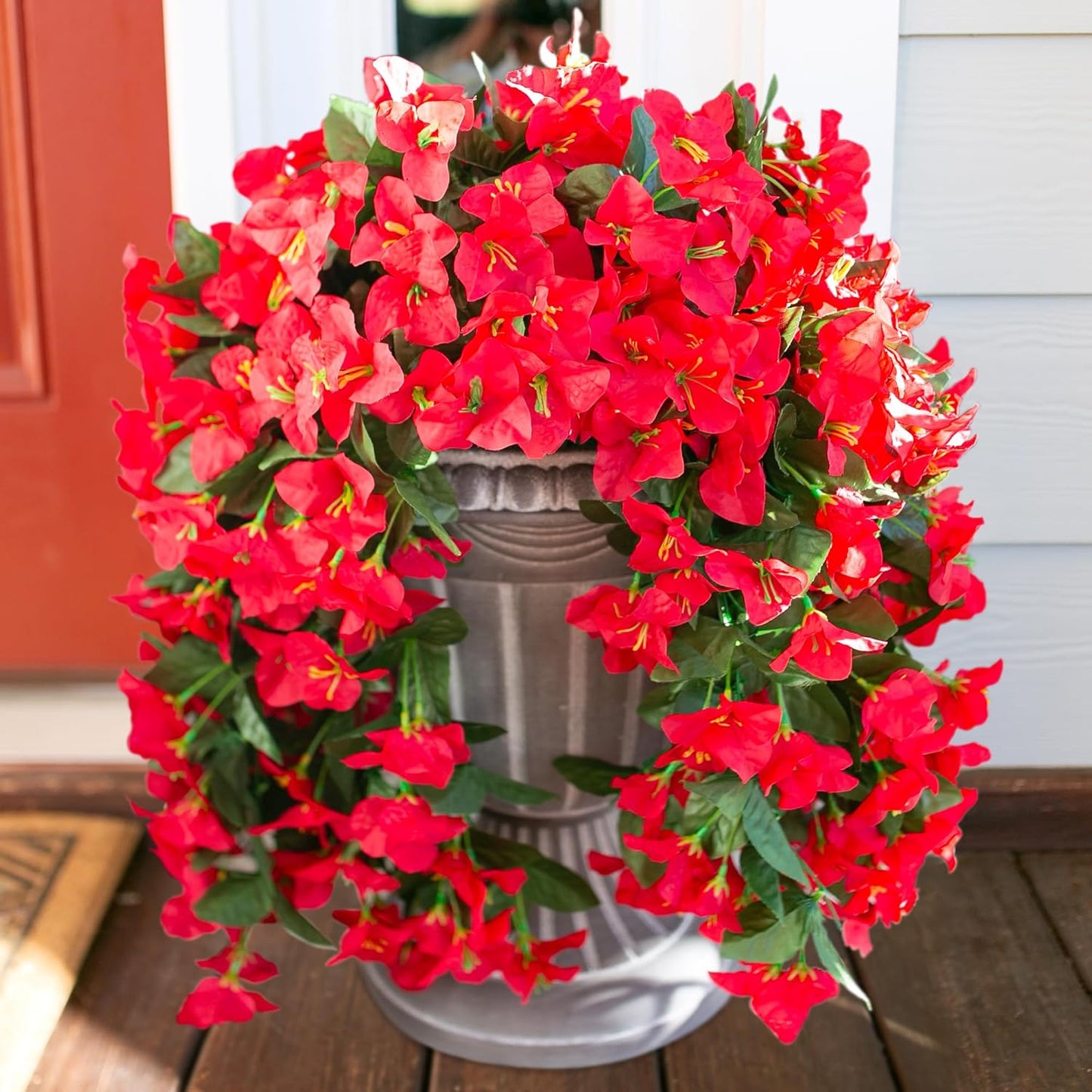 Bougainvillea Artificial Hanging Flowers Plants for Outdoors Decoration, 2pcs Fake Flowers Silk Bougainvillea Vines Realistic UV Resistant Faux Flowers for Outdoor Planters Porch Patio, Red