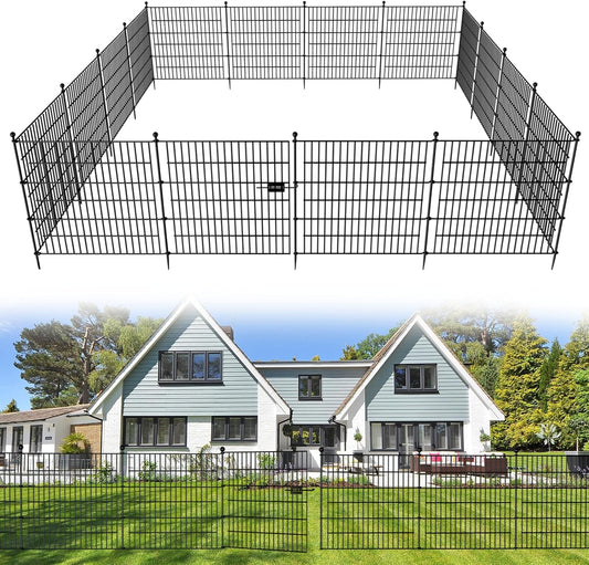 25 Panels No Dig Decorative Outdoor Garden Fence for Yard with Gate, 32 in(H) X 59 ft(L) Animal Barrier Fencing Rustproof Metal Wire Panel Border for Dog, Rabbits, and Patio Temporary Ground Stakes
