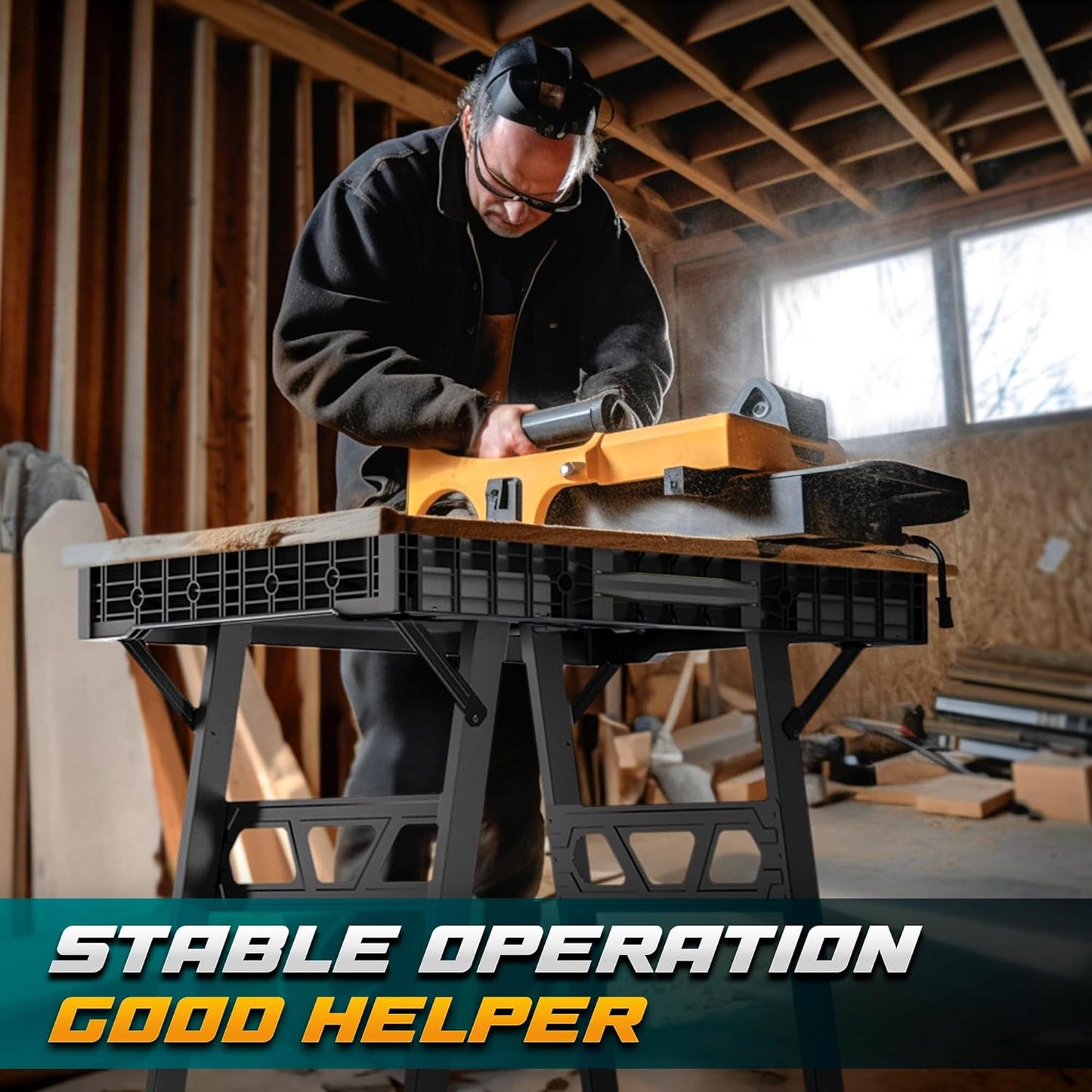 Foldable Work Bench,Easy Step Protable Work Table,34" W x 25" D x 31" H Lightweight Workbench wih 1650LBS,Work Benches for Garage,Work Bench Suitable for Garage,Workshop and Home (Black)