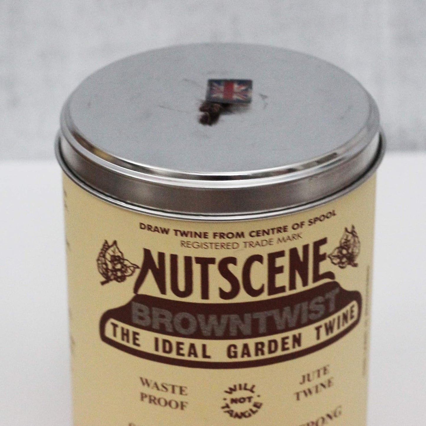 NUTSCENE Iconic Tin (Tin ‘O’ Twine) with Their Heritage Scottish Jute Twine and Hole in Top for Easy Dispensing. 14 Colors to Choose from. 164 Yards. (Brown)