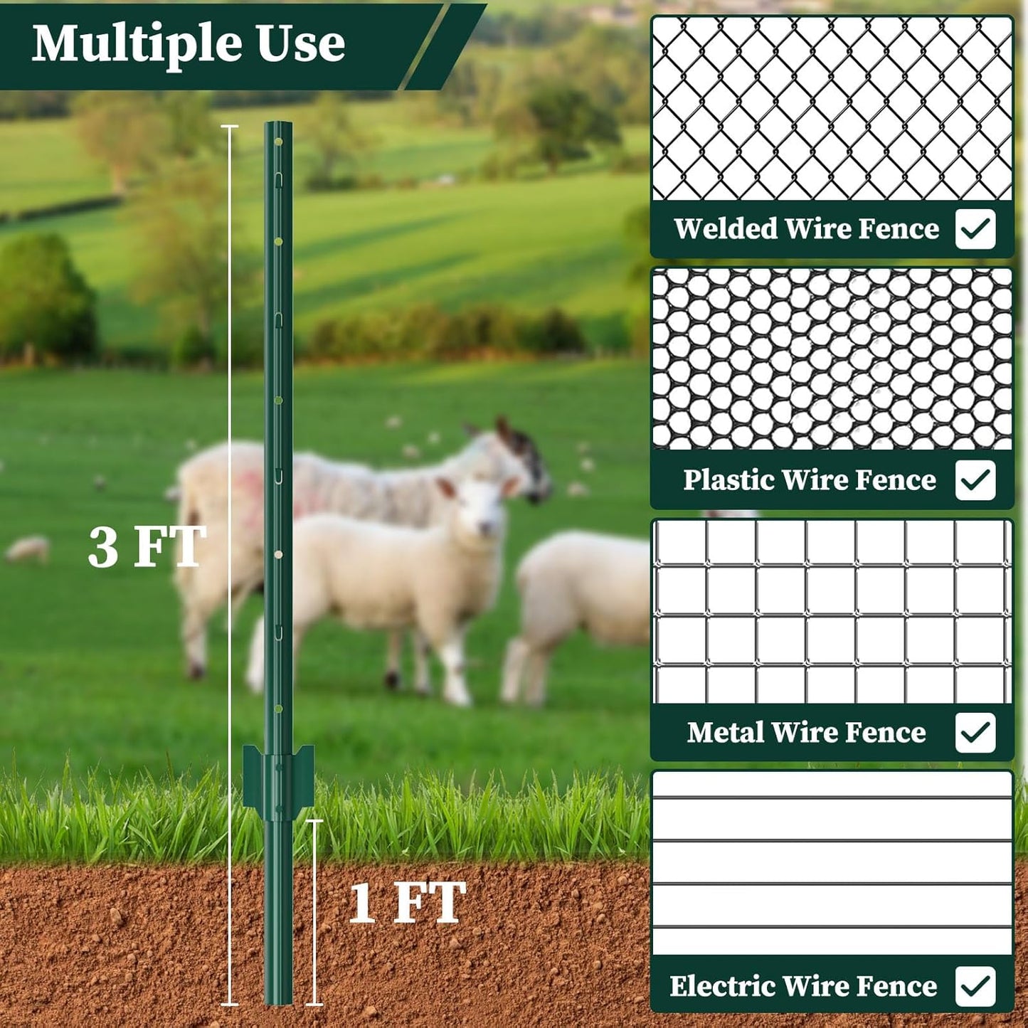 10 Pack Garden Fence Post, 3 Feet Heavy Duty Metal U-Post for Wire Fence, No Dig Garden Fence Stakes for Temporary Fencing, Electric Fence Wire, Corner Anchor, and More-Green