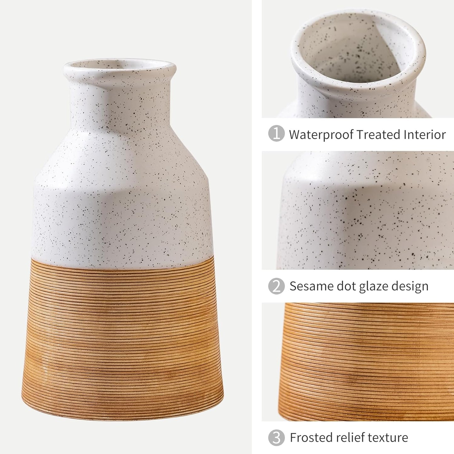 Rustic Farmhouse Flower Ceramic Striped Vase, White and Brown Decorative Ceramic Modern Floral Vase for Bouquet, Cottage Home Core Decor, Tabletop Bedroom Office Bookshelf Living Room Wedding 7.7 Inch